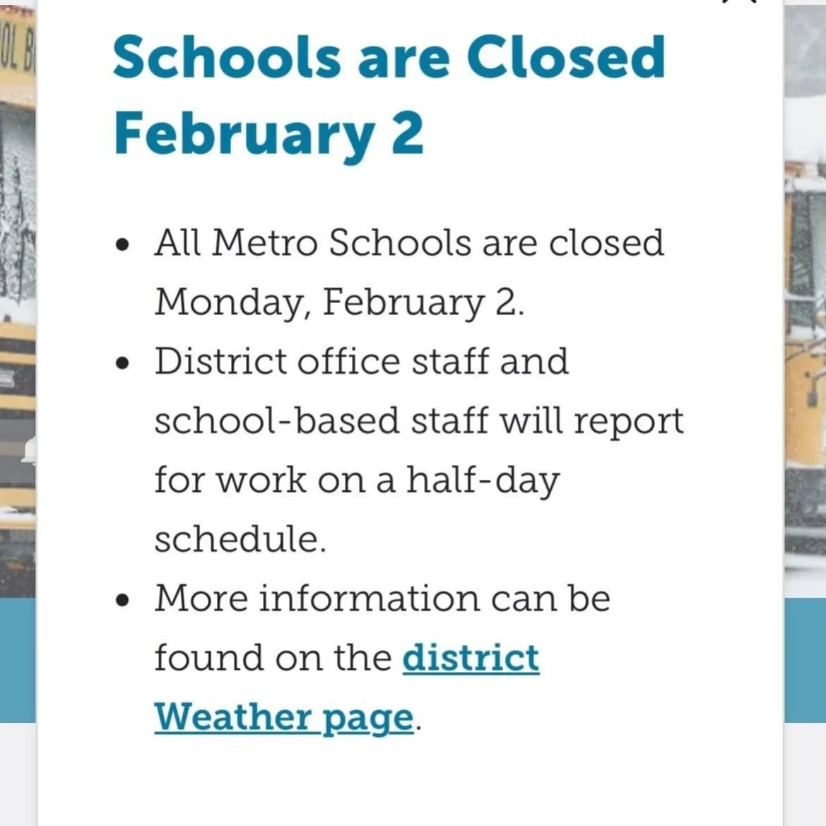No school tomorrow, Monday, Feb 2 🩵 stay tuned to @metroschools