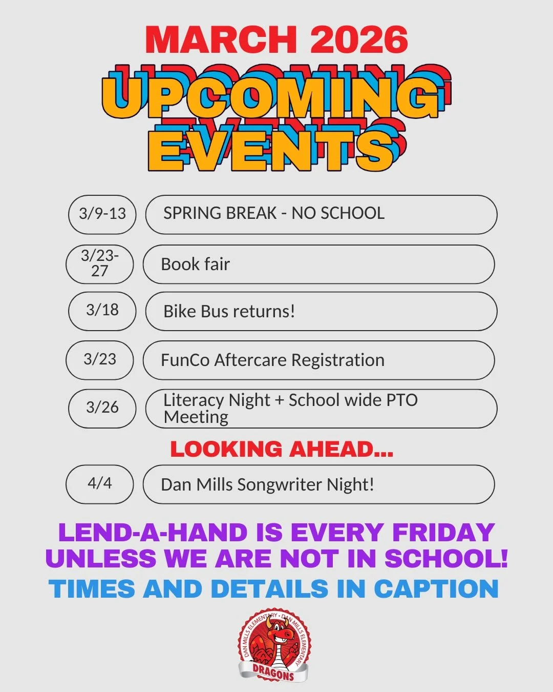 Here&rsquo;s an updated event calendar for the rest of March! We&rsquo;ve got a busy one. More details will be sent home with your kiddo or are at the link in our bio ❤️🐉 hope everyone is enjoying spring break!