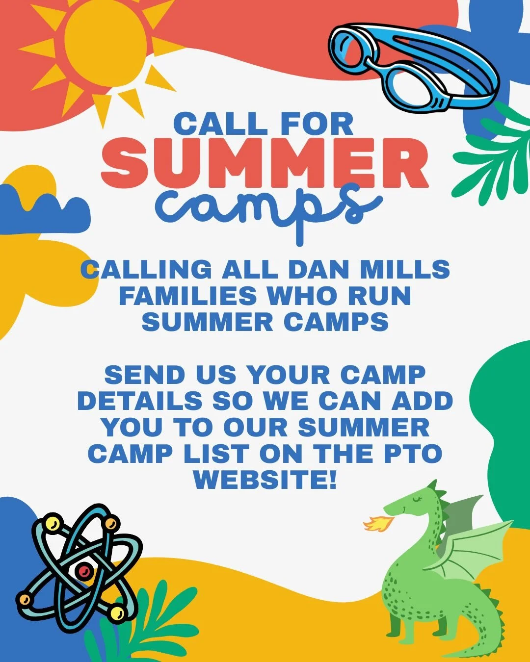 Do you run a summer camp that still has openings? We need that info! We are making a list of summer camps that still have availability so all DM families can look into options for the summer. Email the below info to ptodanmills@gmail.com

Camp name
C