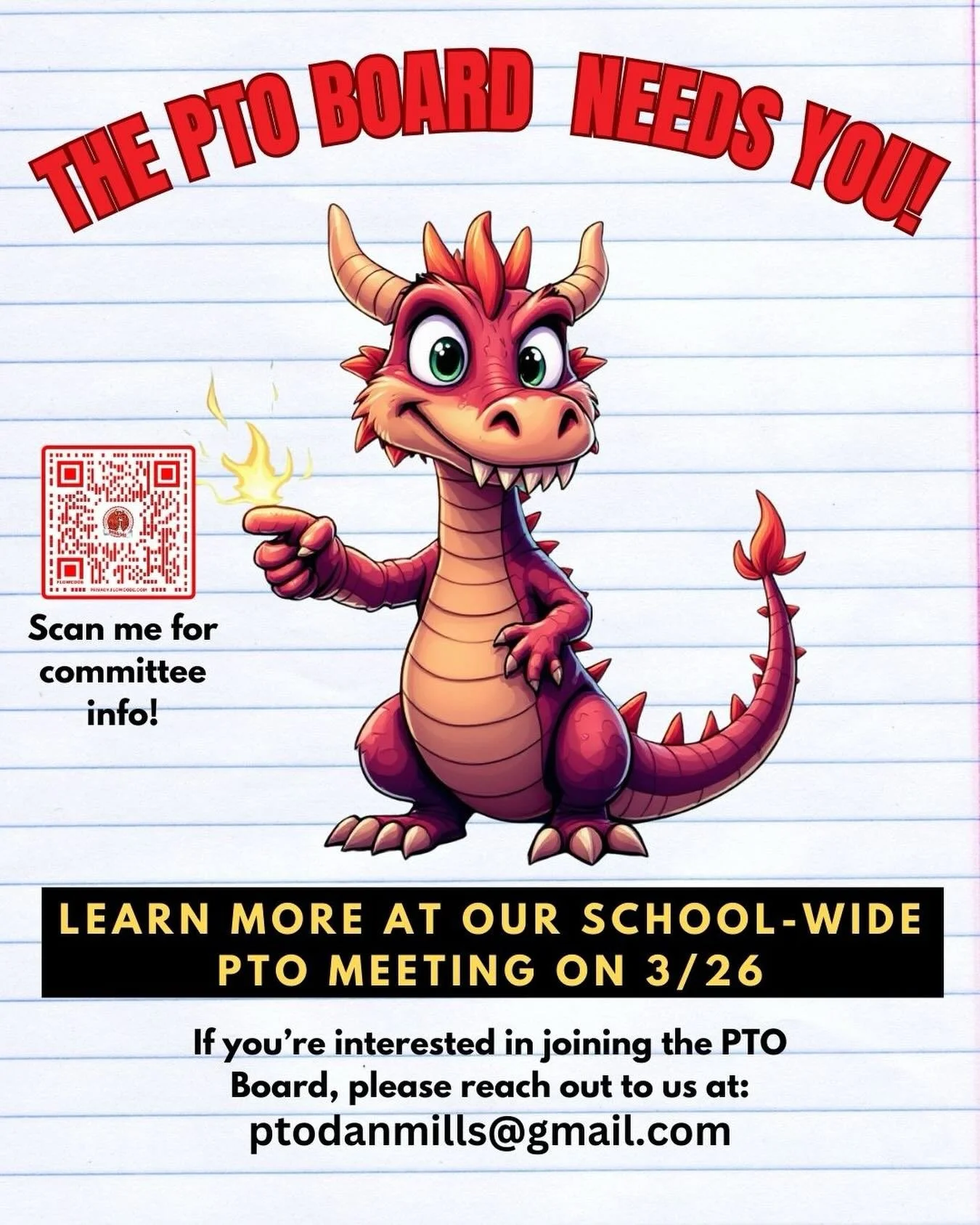 Interested in joining the Dan Mills PTO board? Join us at the March 26 meeting to get more info and say hi! We have various committees with openings. See you there! ❤️🐉
