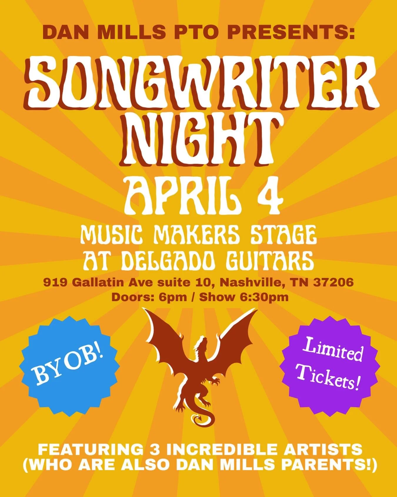 This Saturday! Get to know other Dan Mills parents for a fun night out supporting our school! Doors are at 6, music starts at 6:30, it&rsquo;s BYOB, you could technically be in pajamas by 9! A DREAM!!! Tickets at the link in our bio 🐉❤️