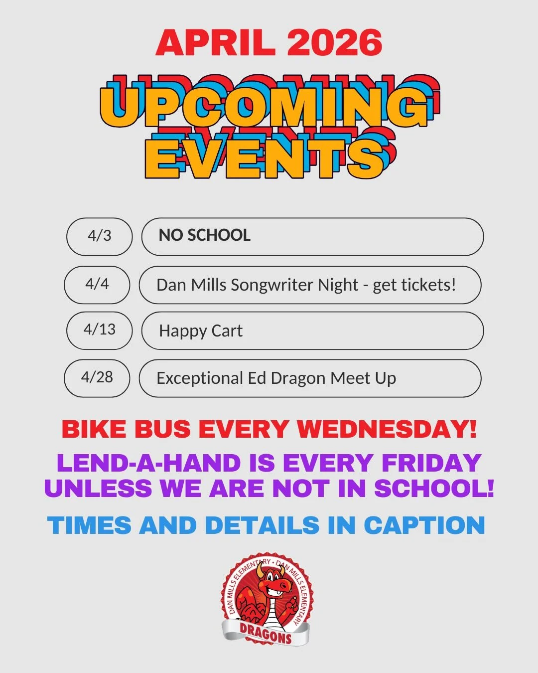 You know the drill! April events are live &amp; the PTO email just went out (with a sneak peek of May!)

🌼&nbsp;April 3 - NO SCHOOL (That&rsquo;s this Friday!)

🎤 April 4 - Dan Mills Songwriter Night. A fun night for parents to get to know each oth
