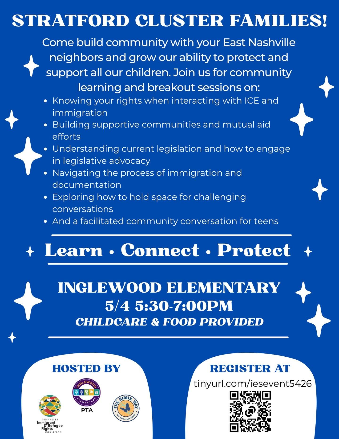 East Nashville neighbors! There will be a gathering on May 4 at Inglewood Elementary to learn about building our community and keeping it safe ❤️