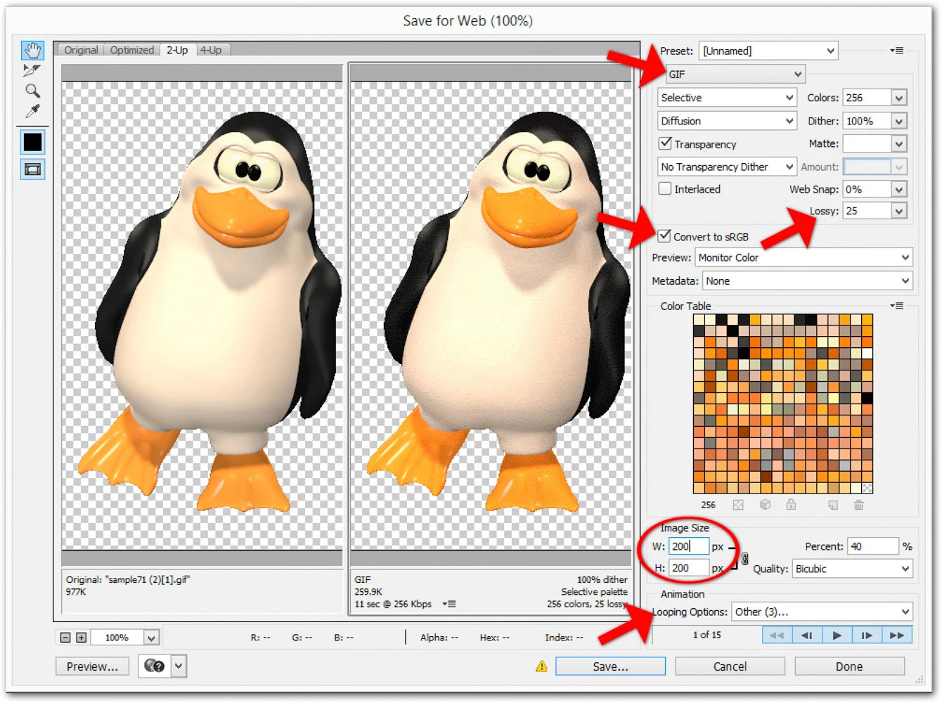 Image 5 — the Save for Web interface panel
