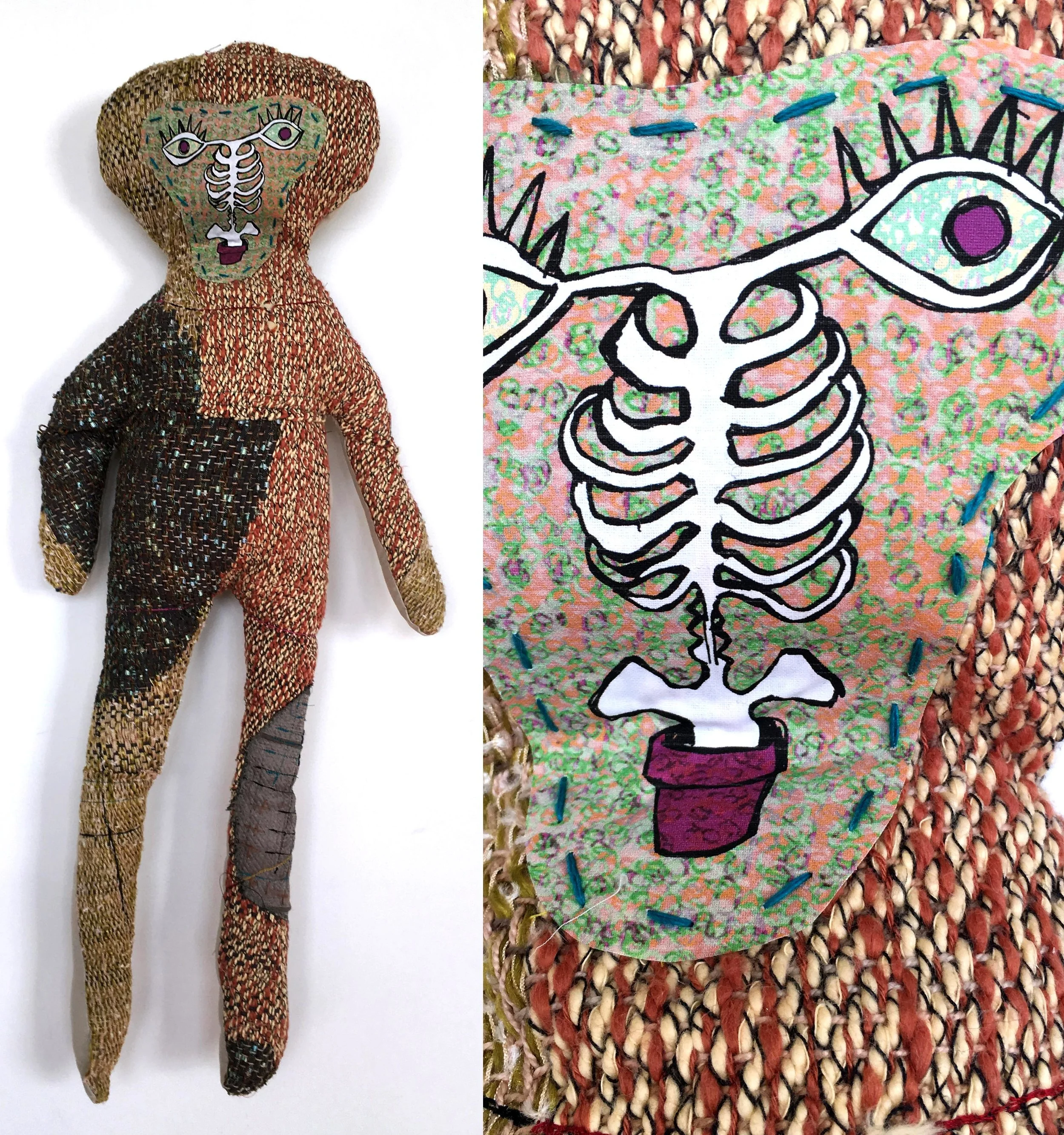   Spine Child  h: 28" x w: 12" hand-woven and machine-made fabric, embroidery, inkjet prints, fleece 2017 