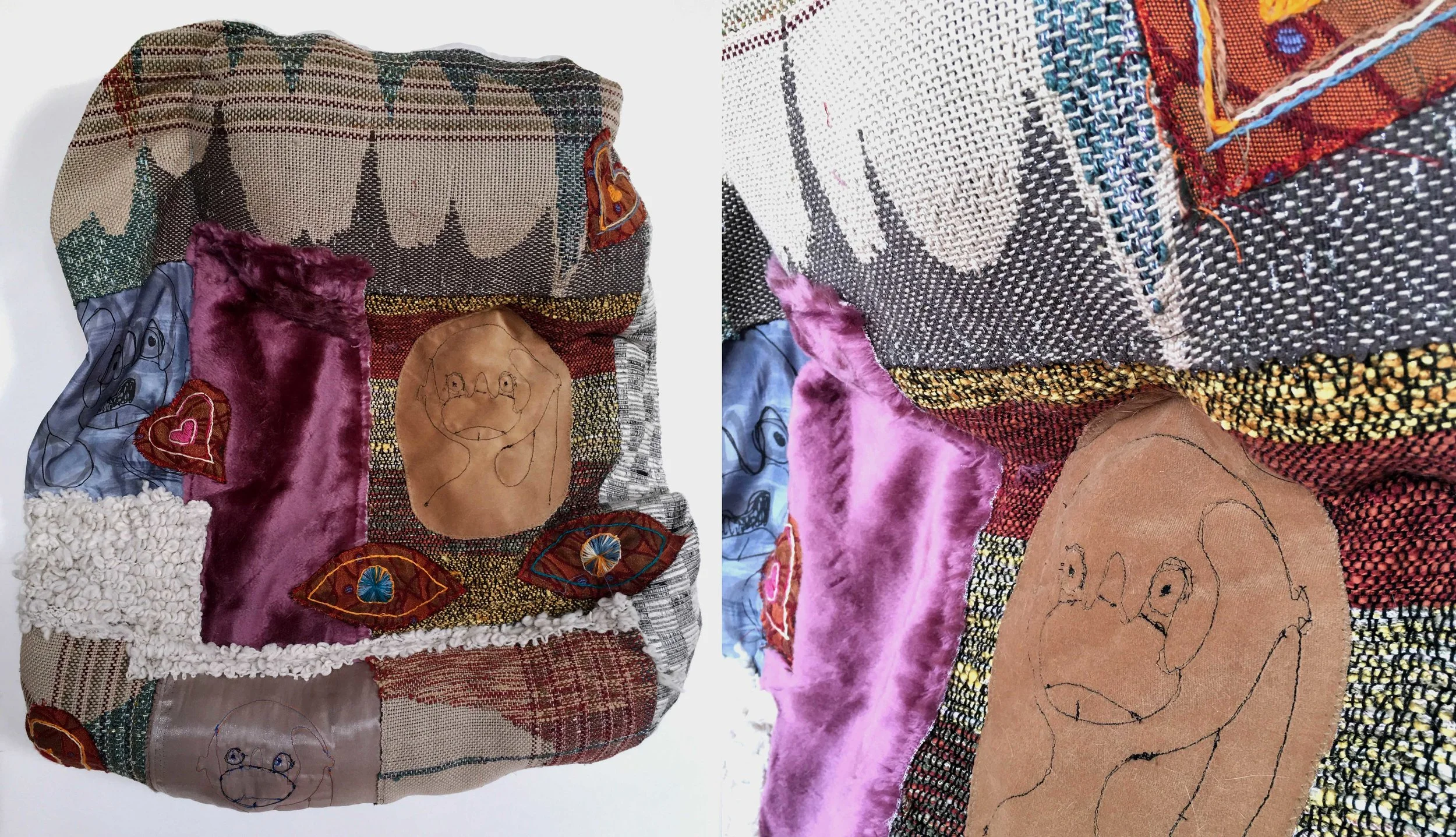 I Can Stick My Whole Hand in My Mouth h: 27" x w: 25" hand-woven and machine-made fabric, embroidery, inkjet prints, fleece 2017