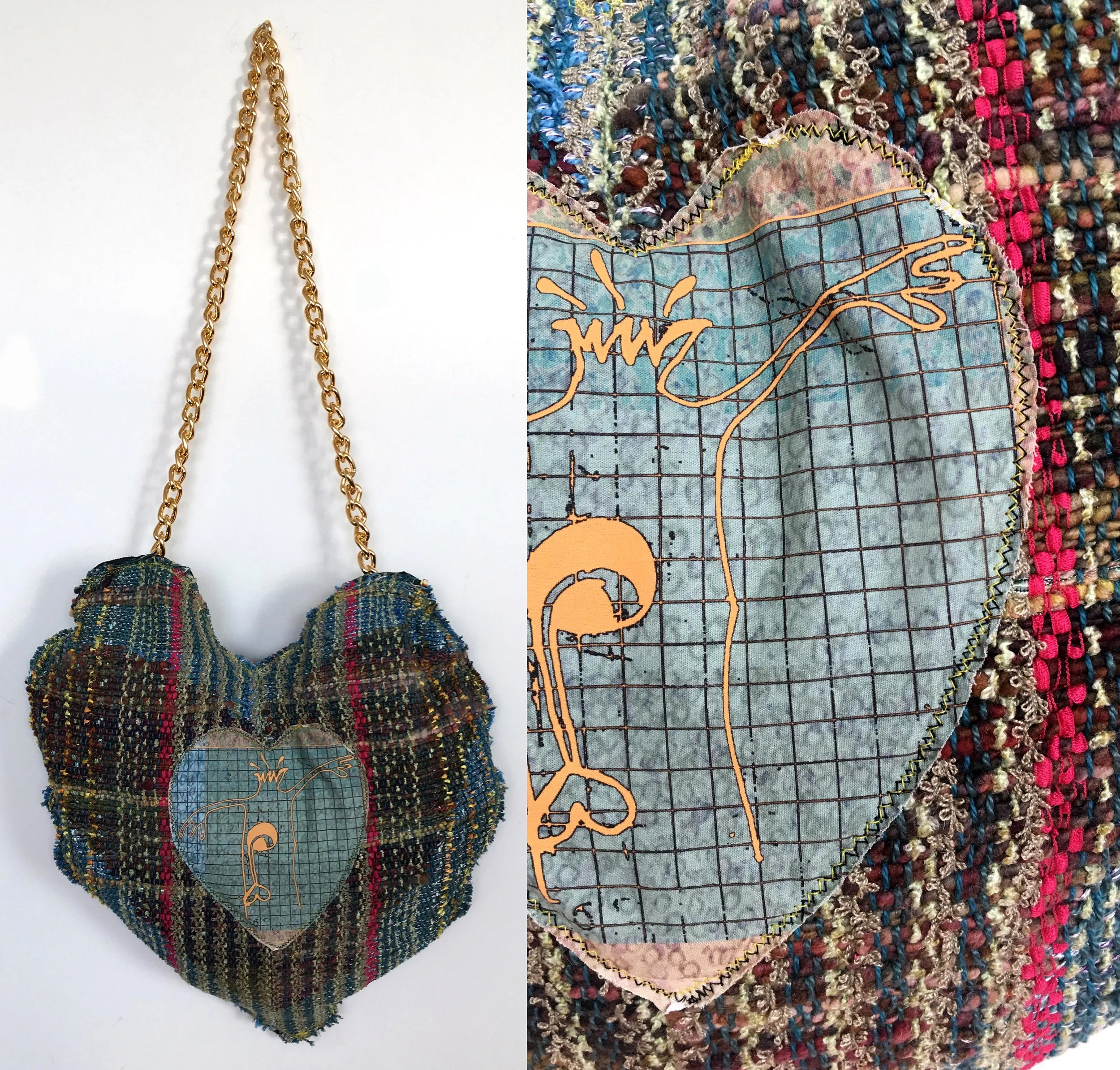 Blow My Brains Out h: 17" x w: 13" hand-woven and machine-made fabric, embroidery, inkjet prints, fleece, chain 2017