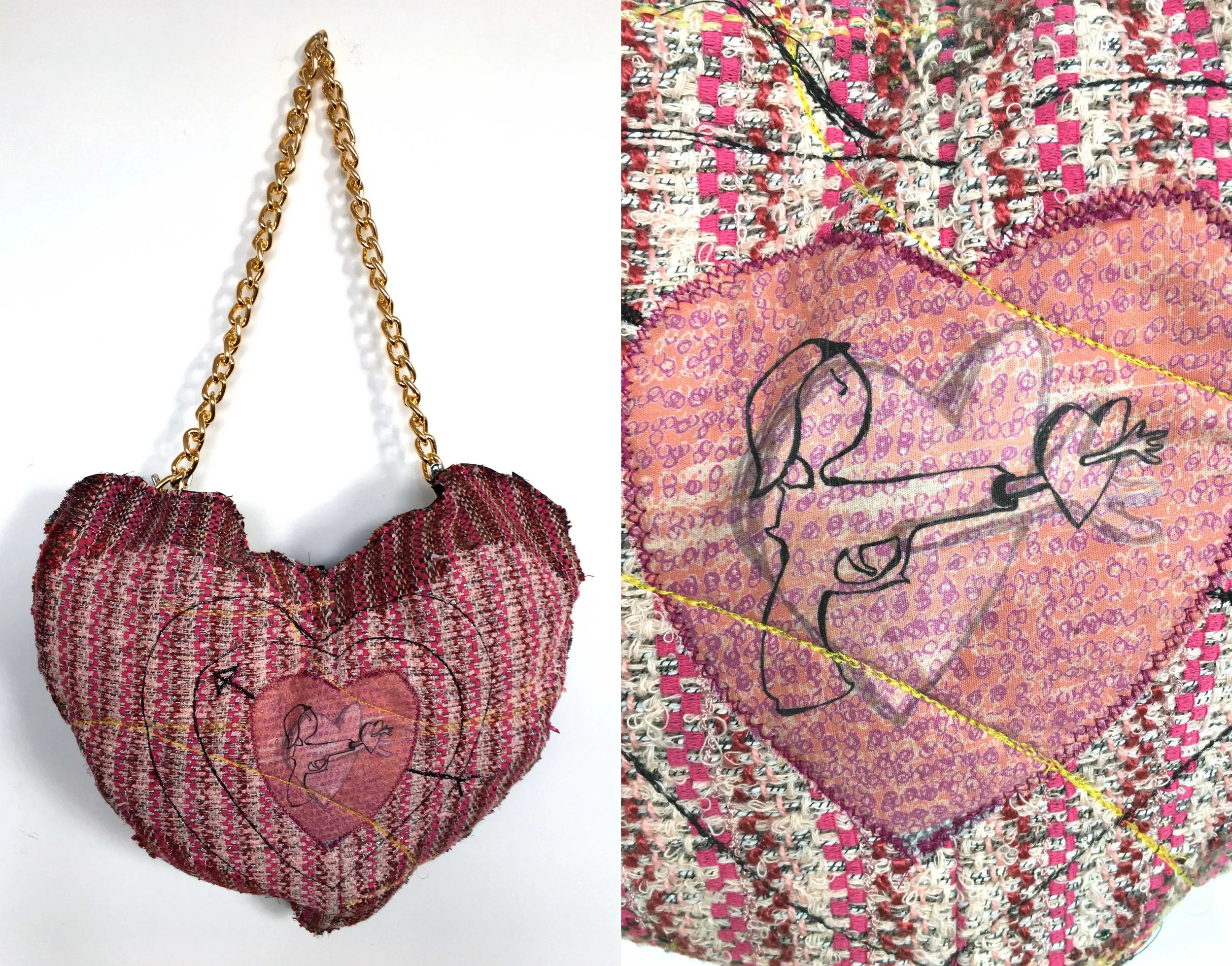   Rip My Heart Out  h: 19" x w: 13" hand-woven and machine-made fabric, embroidery, inkjet prints, fleece, chain 2017 