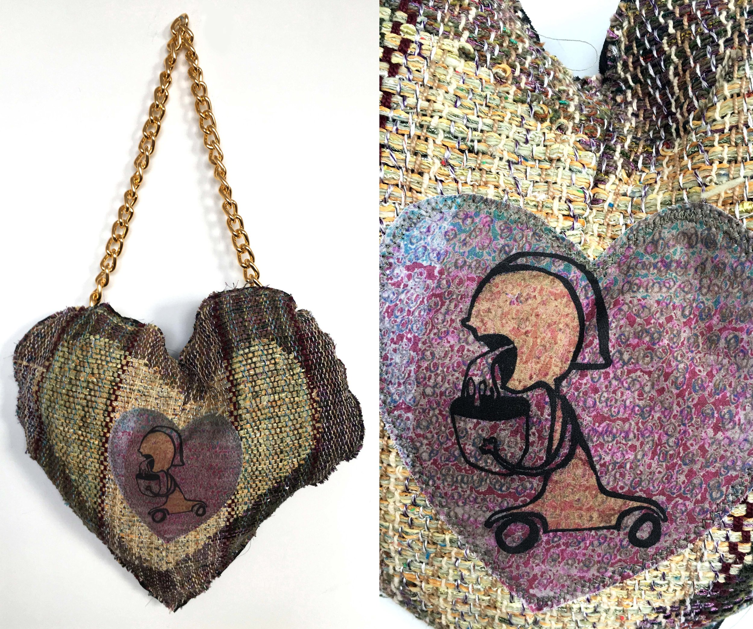   Love Sick  h: 17" x w: 13" hand-woven and machine-made fabric, embroidery, inkjet prints, fleece, chain 2017 