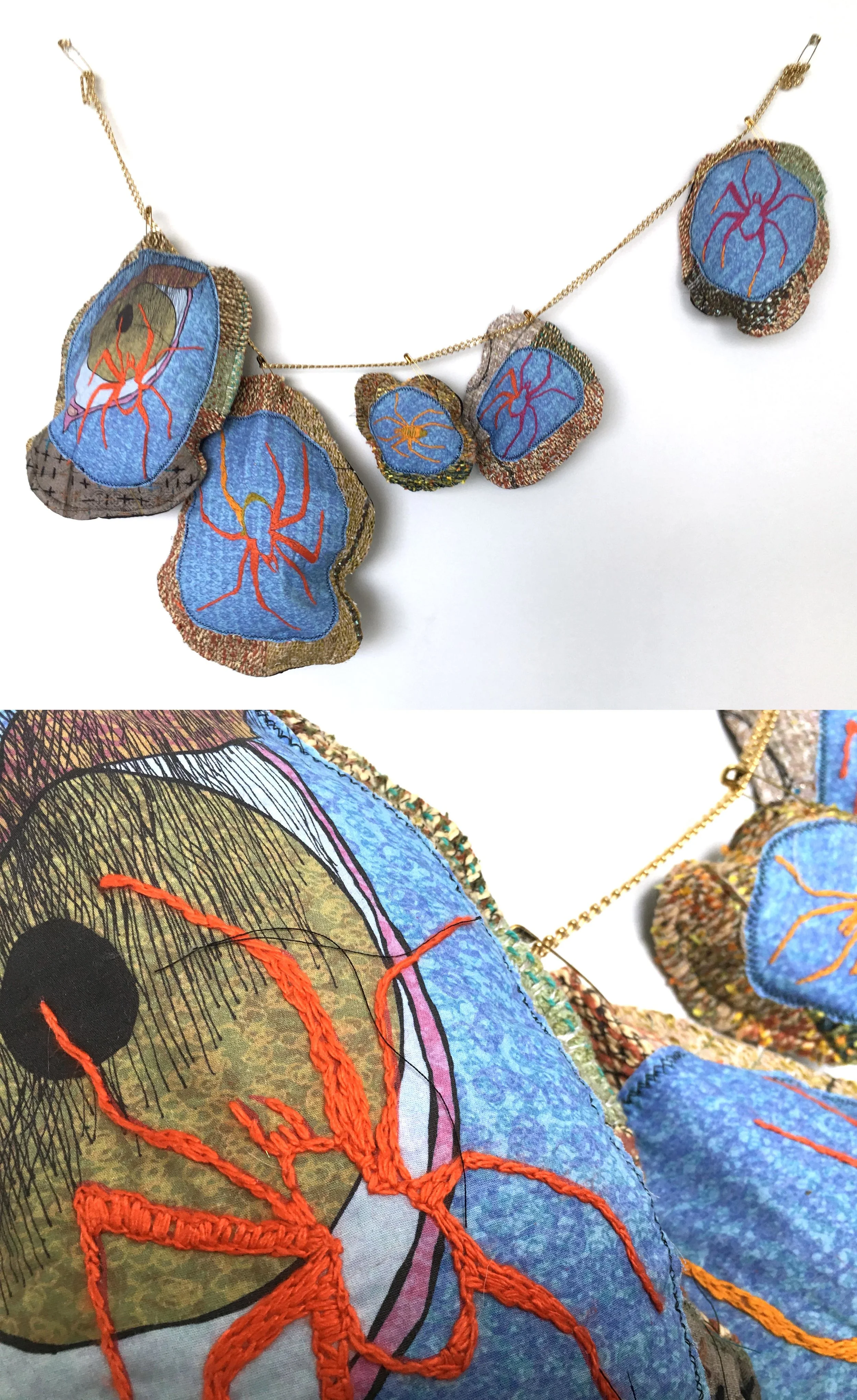 Spider Necklace h: 14" x w: 30" hand-woven and machine-made fabric, embroidery, inkjet prints, fleece, chain 2017