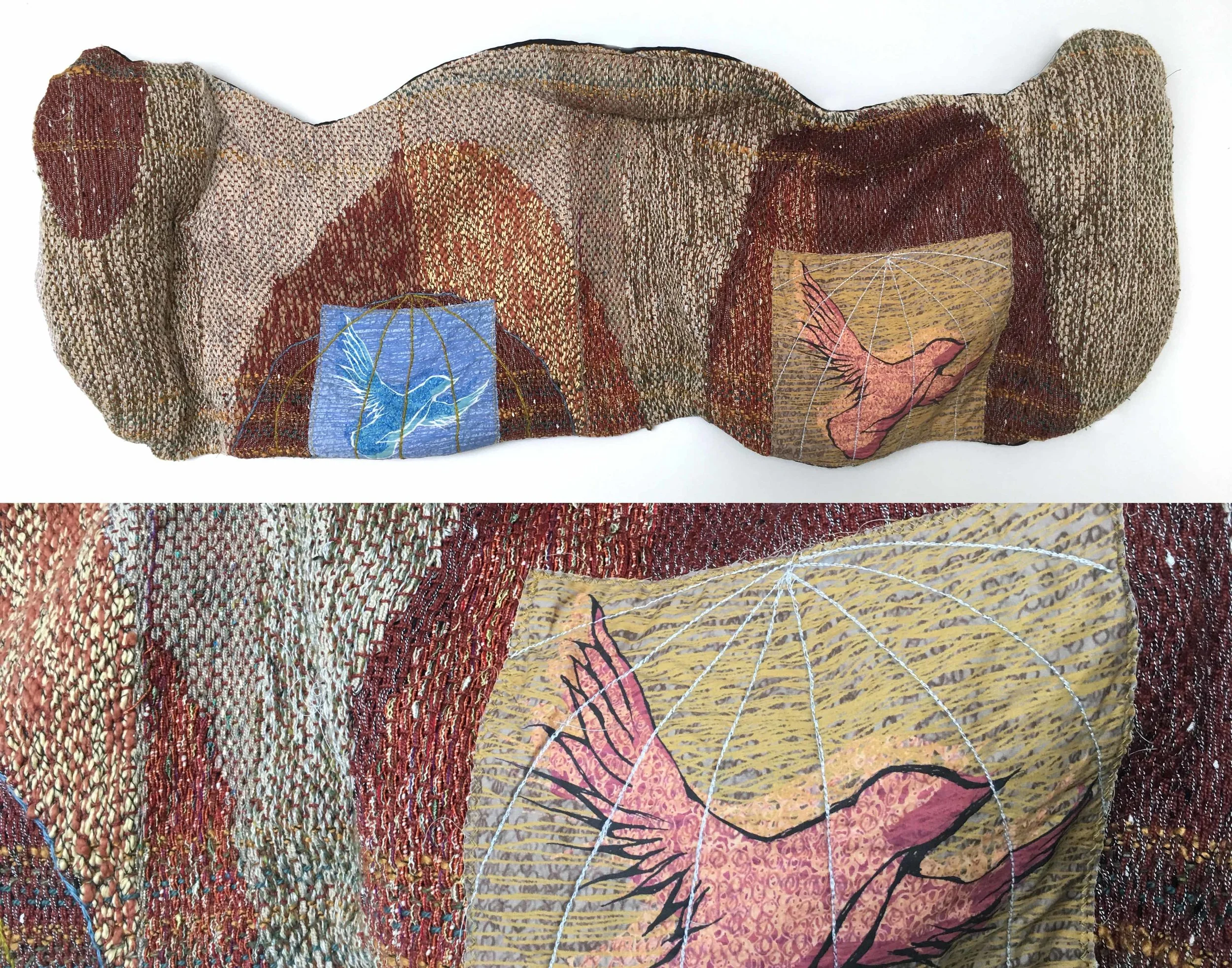   Bird in a Cage (brown)  h: 13" x w: 39" hand-woven and machine-made fabric, embroidery, inkjet prints, fleece 2017 