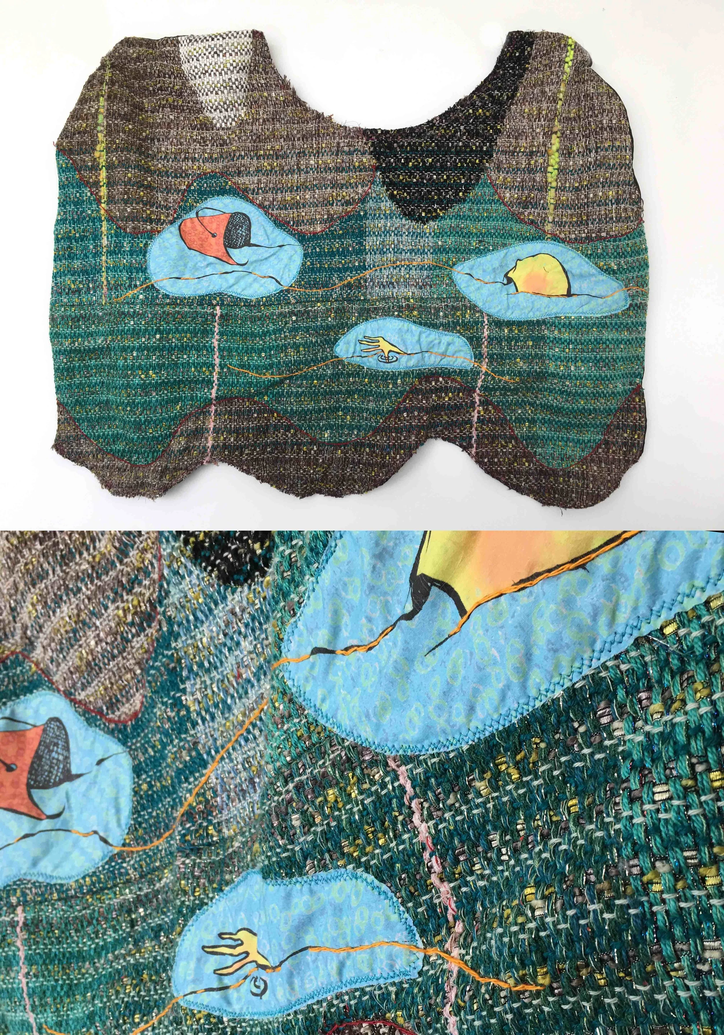   Drowning My Sorrows (1)  h: 34" x w: 37" hand-woven and machine-made fabric, embroidery, inkjet prints, fleece, wire 2017 