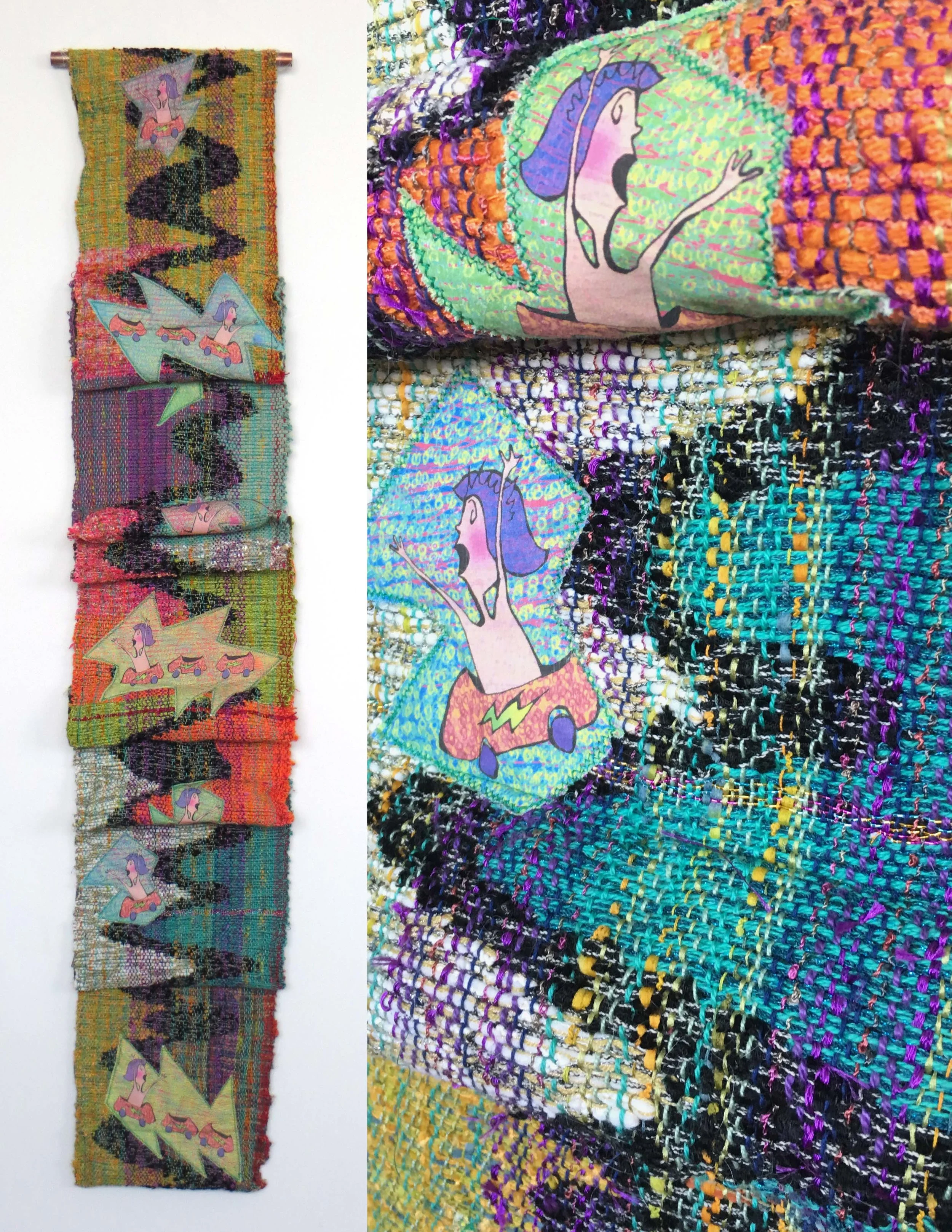   Loving You is A Roller Coaster  h: 55" x w: 11" hand-woven and machine-made fabric, embroidery, inkjet prints, fleece, copper pipe 2017 