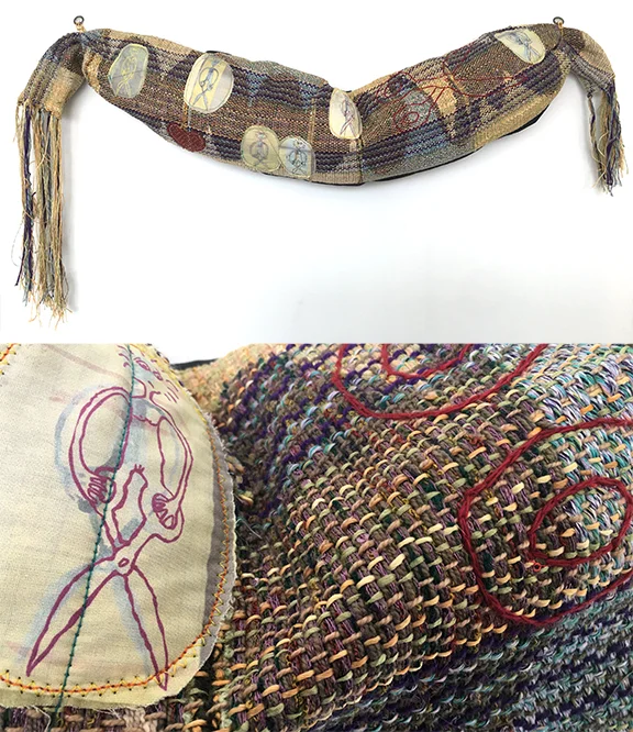   Scissor Girl  h: 8" x w: 37" hand-woven and machine-made fabric, embroidery, inkjet prints, fleece, safety pins 2017 