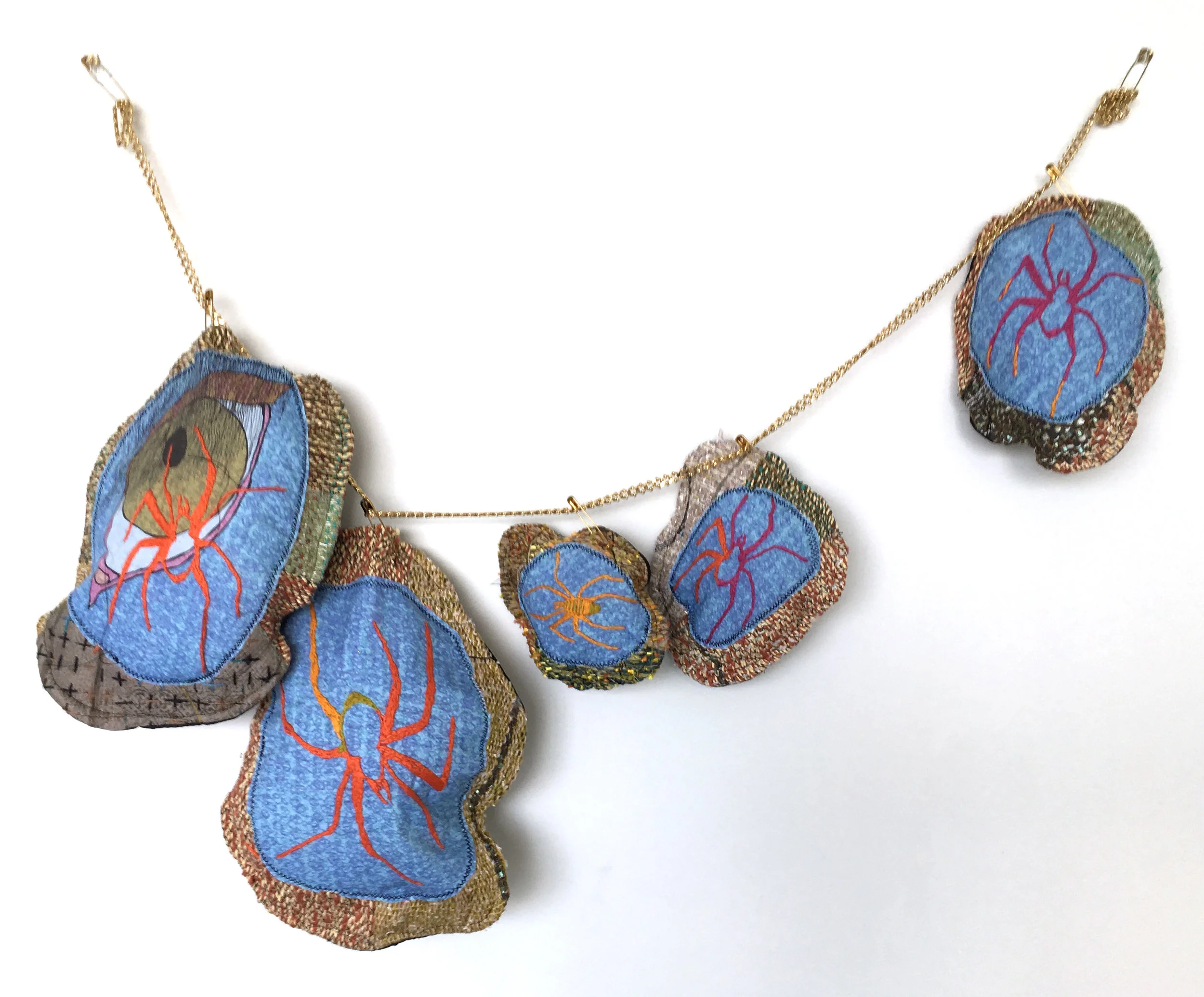 Spider Necklace h: 14" x w: 30" hand-woven and machine-made fabric, embroidery, inkjet prints, fleece, chain 2017