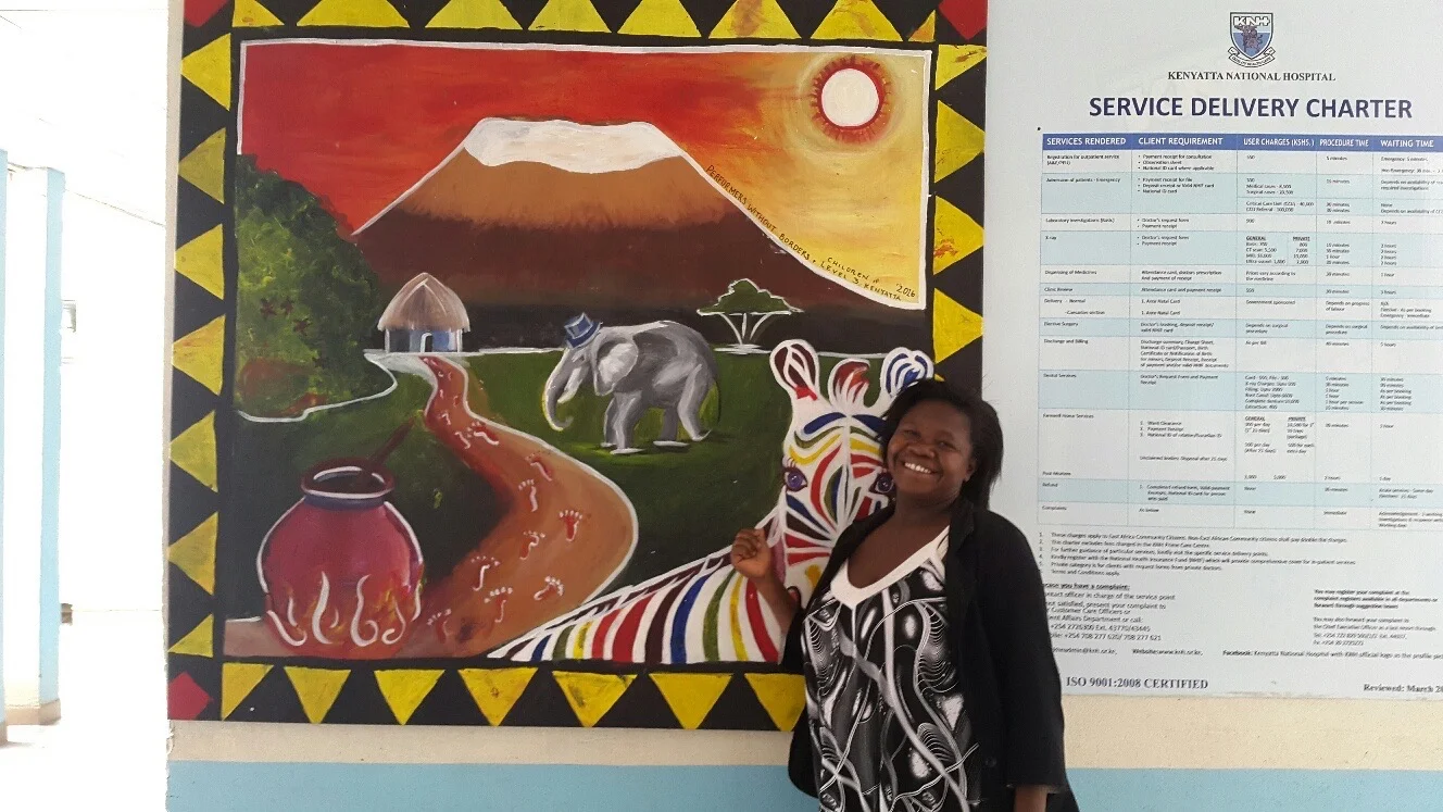 Mount Kenya. By Lillian Myers and the children of Kenyata National Hospital burn unit. Acrylic on canvas. 2016