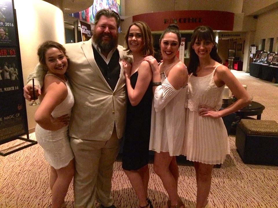 Alexandra (Chava), Jason Simon (Tevye), Kathryn Bailes (Golde), Rebecca Kuznick (Tzeitel), and Brittany Santos (Hodel) at the opening night party for Fiddler On The Roof.