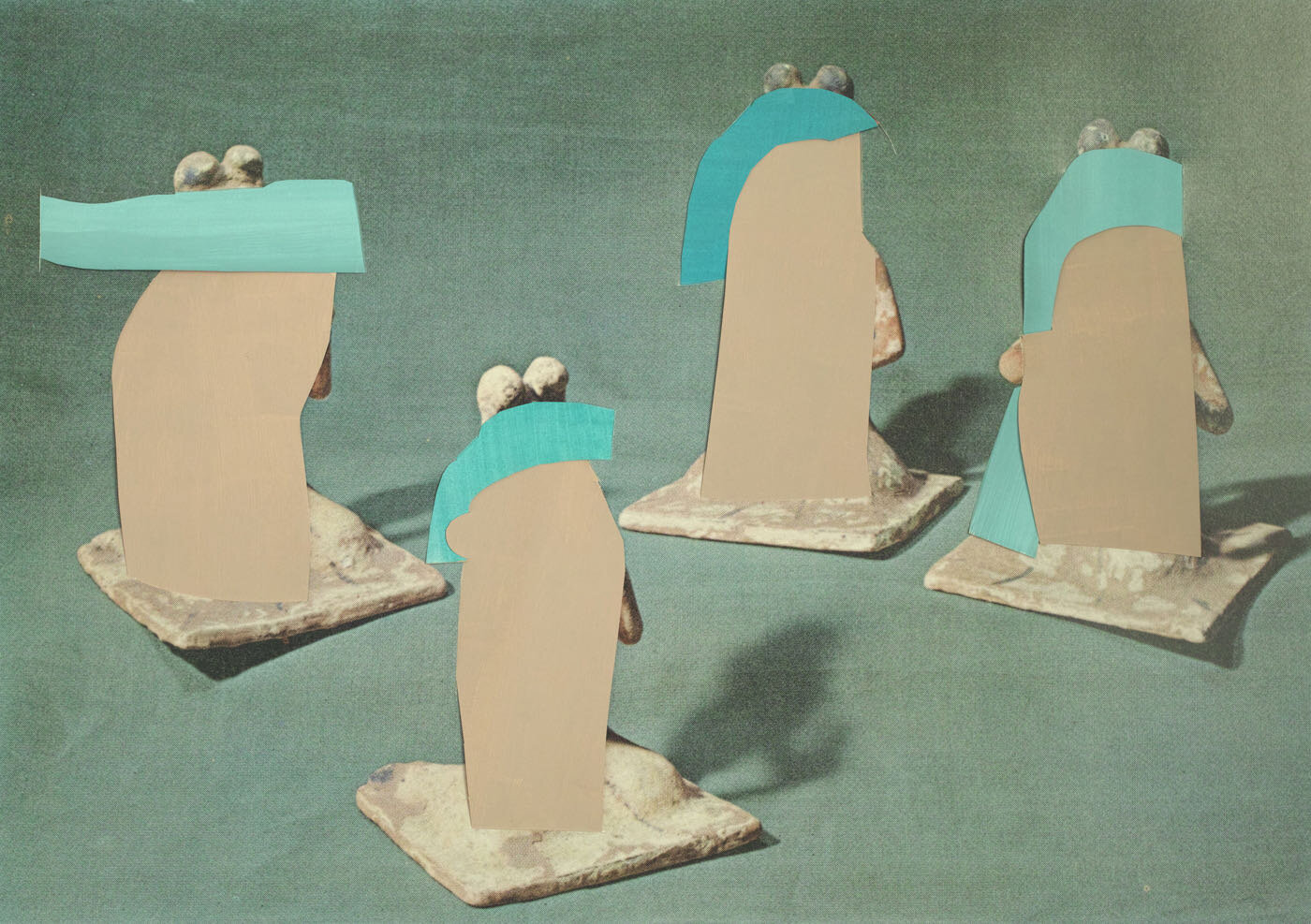 The Situation Room (four figures with blue hair), Collage with archival inkjet print and gouache painted paper, 2014