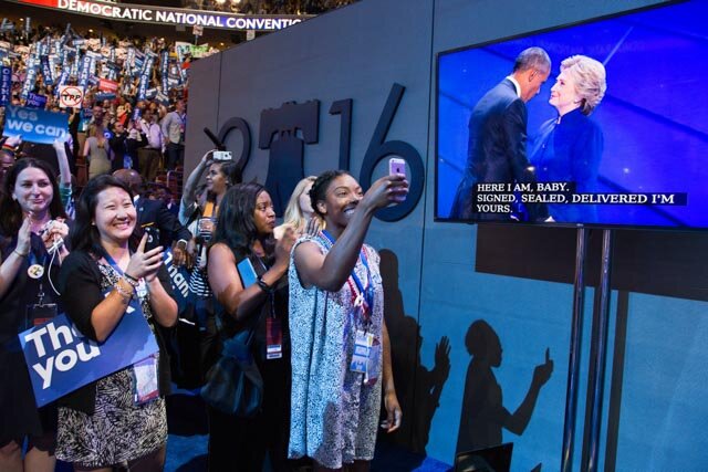 Philadelphia, PA. 2016. DNC audience welcomes Hillary following Obama's speech