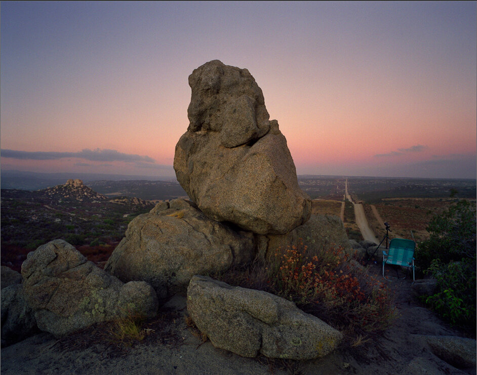 At dusk, a Minuteman's chair and telescope at Patriot Point, a lookout on the U.S.-Mexico border in Campo, California.