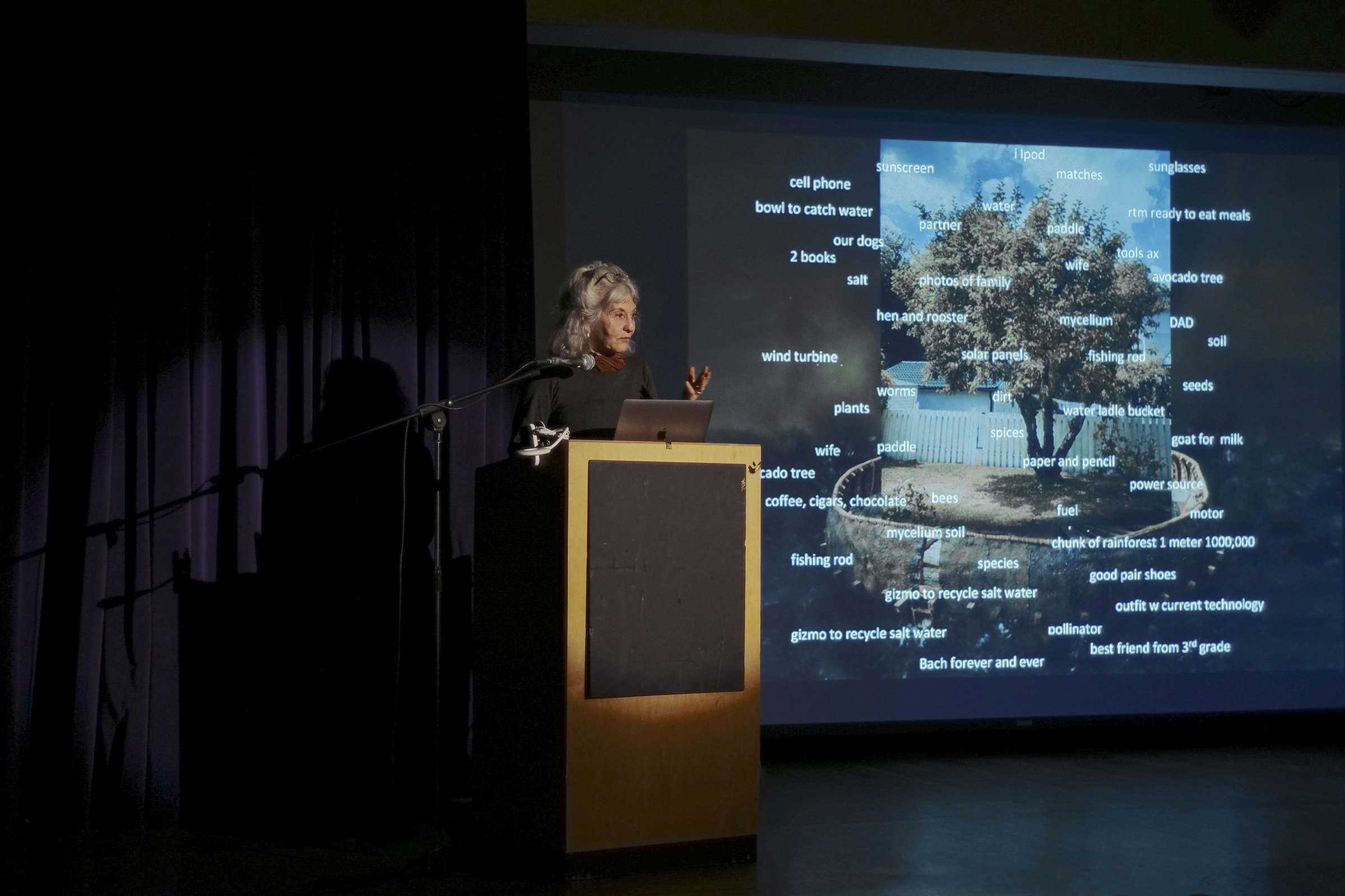 Meridel Rubenstein presenting The Earth Takes Flight at the Randall Museum. February 16, 2023.