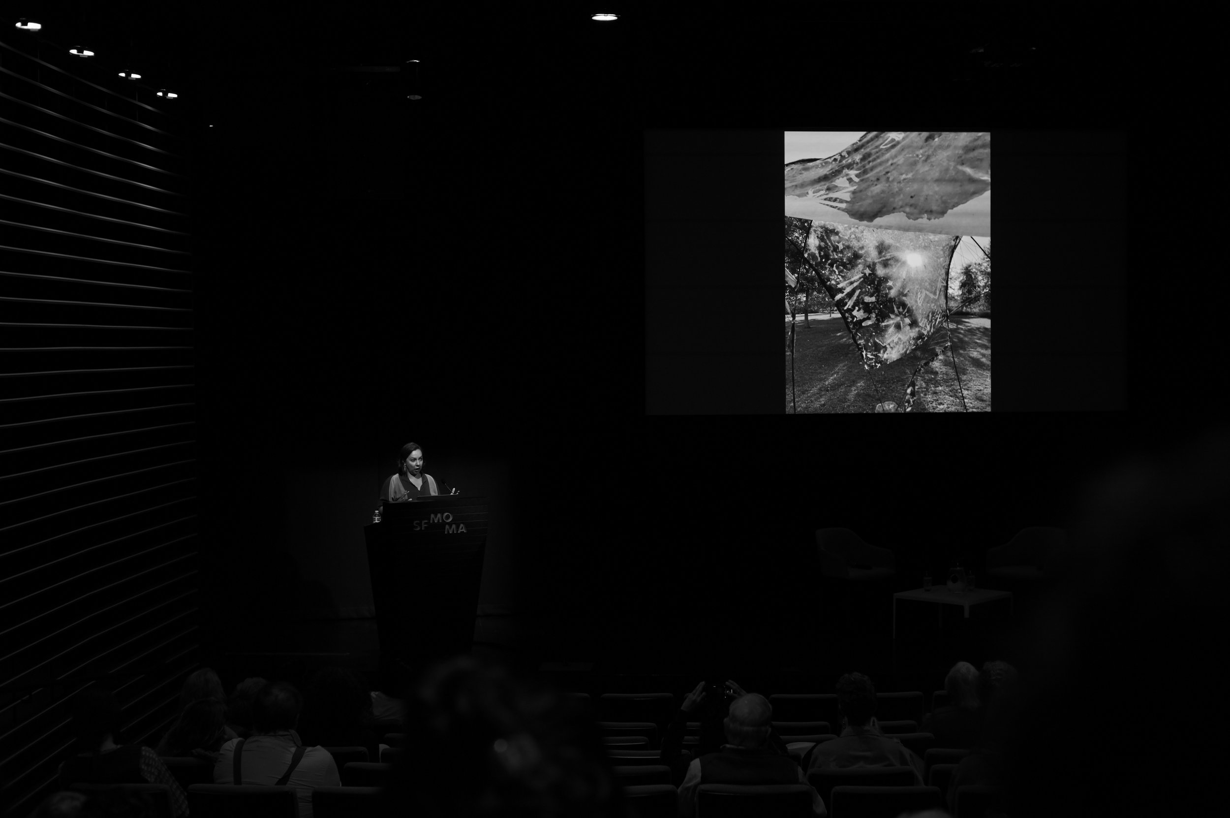 Mercedes Dorame sharing her installation combining objects and photography. SFMOMA, September 21, 2023.
