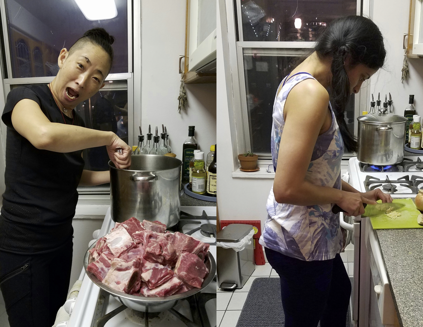 Me making my favorite dish in the world: kalbi jjim, Korean short rib stew, for New Year's Eve. And Ridhi making Indian butter chicken.