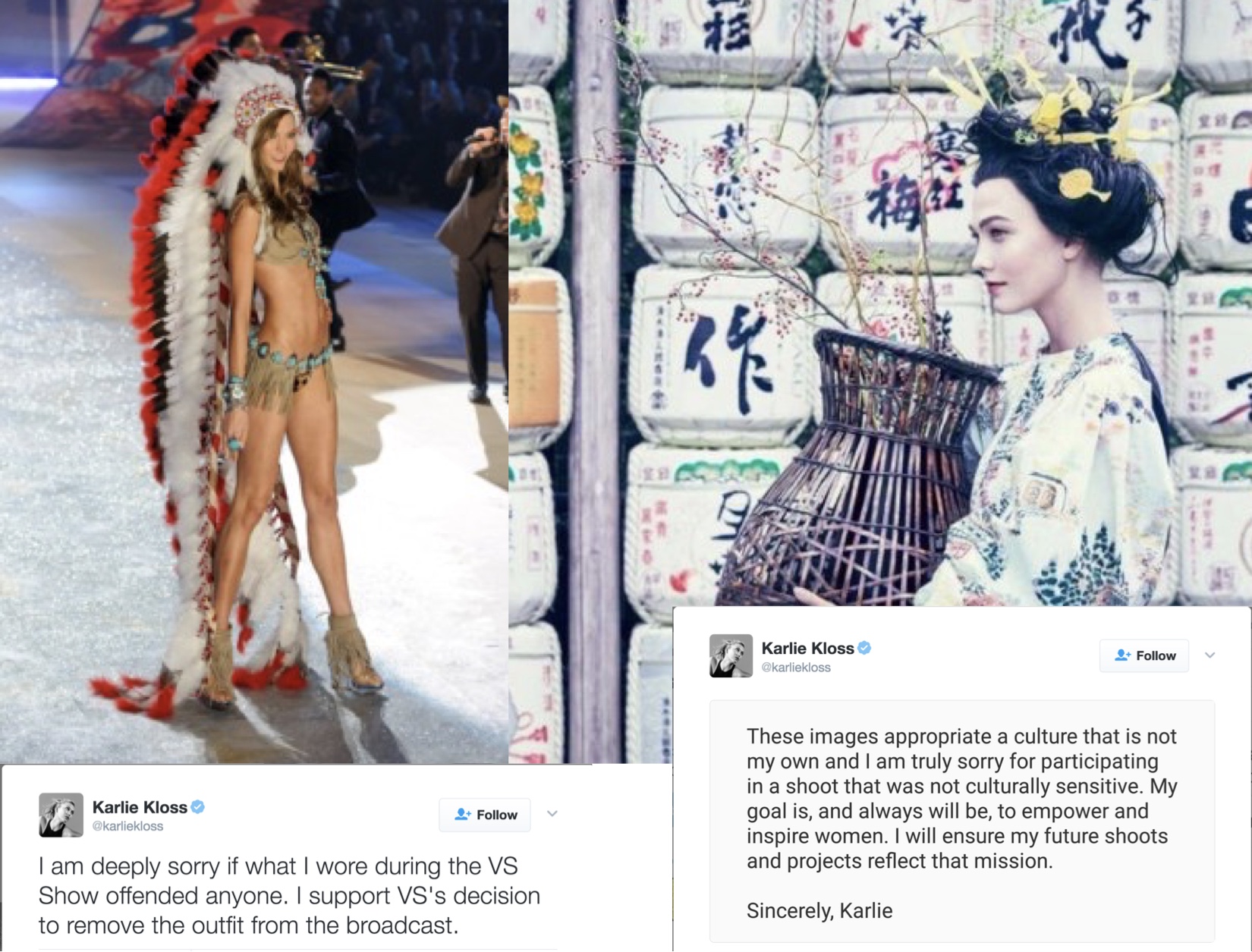Karlie Kloss in 2012 at the Victoria's Secret Fashion show and just last week in Vogue's diversity issue.