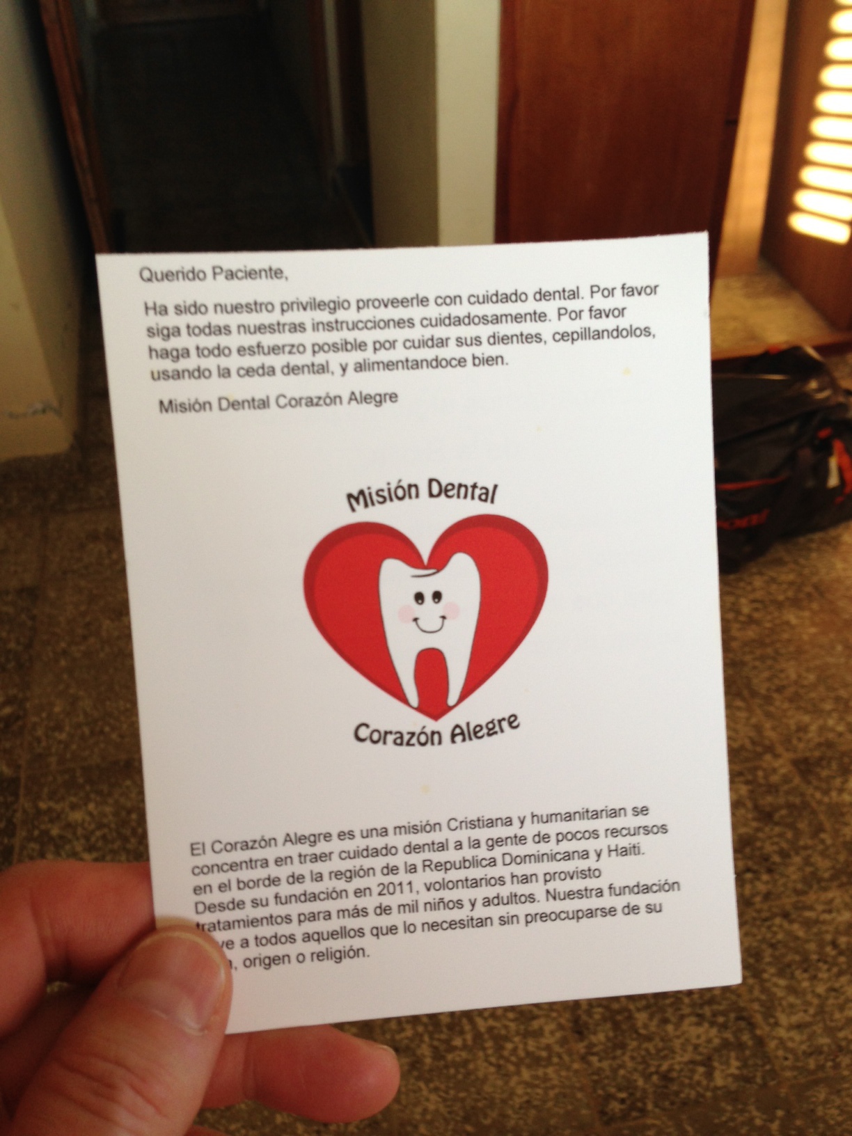 Note card handed out to each patient