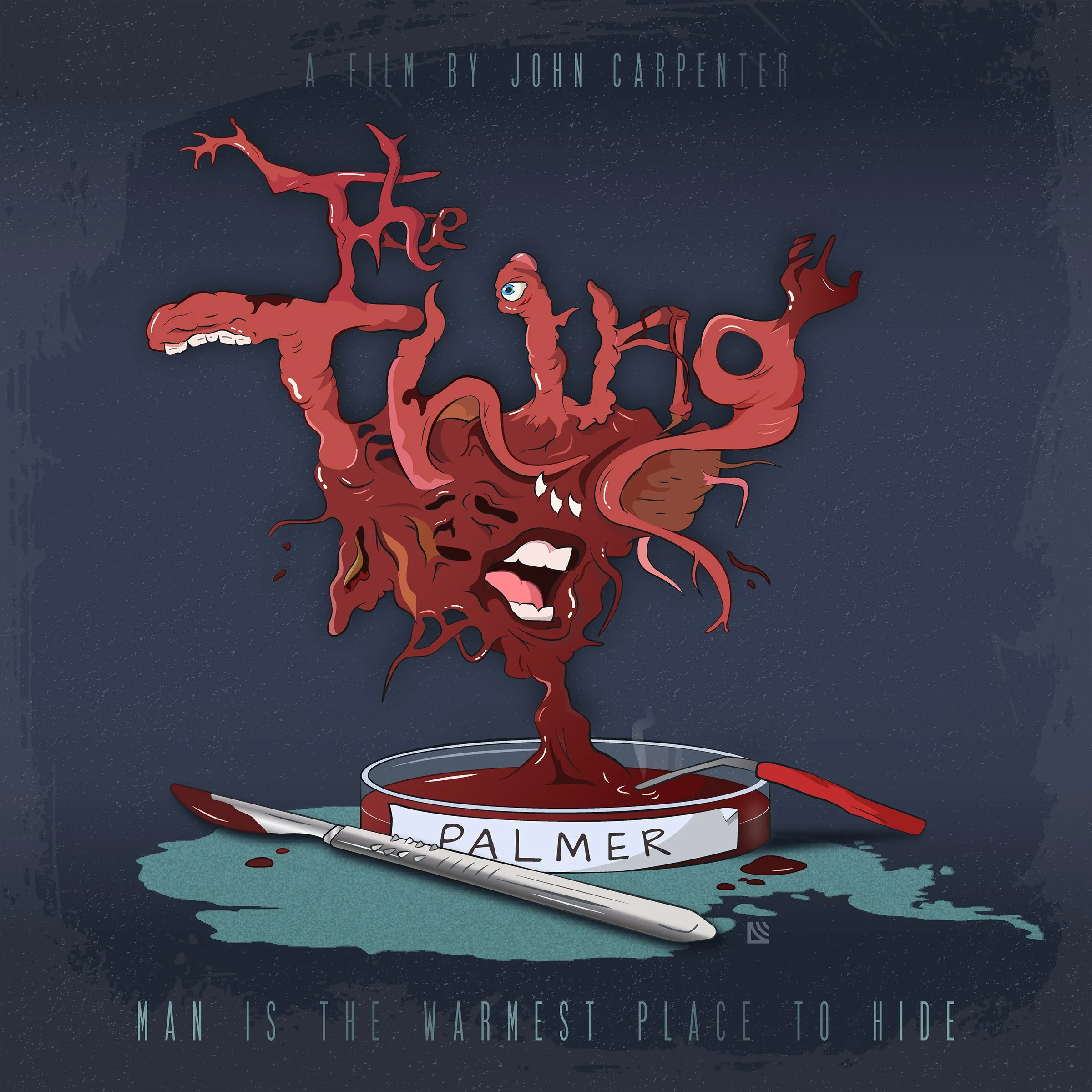 An illustration of a dog with a human heart appearance, with an eye on one of its tendrils, emerging from a bloodied petri dish labeled "Palmer," and surrounded by blood spattered on a dark background. Text at the top reads "A film by John Carpenter,