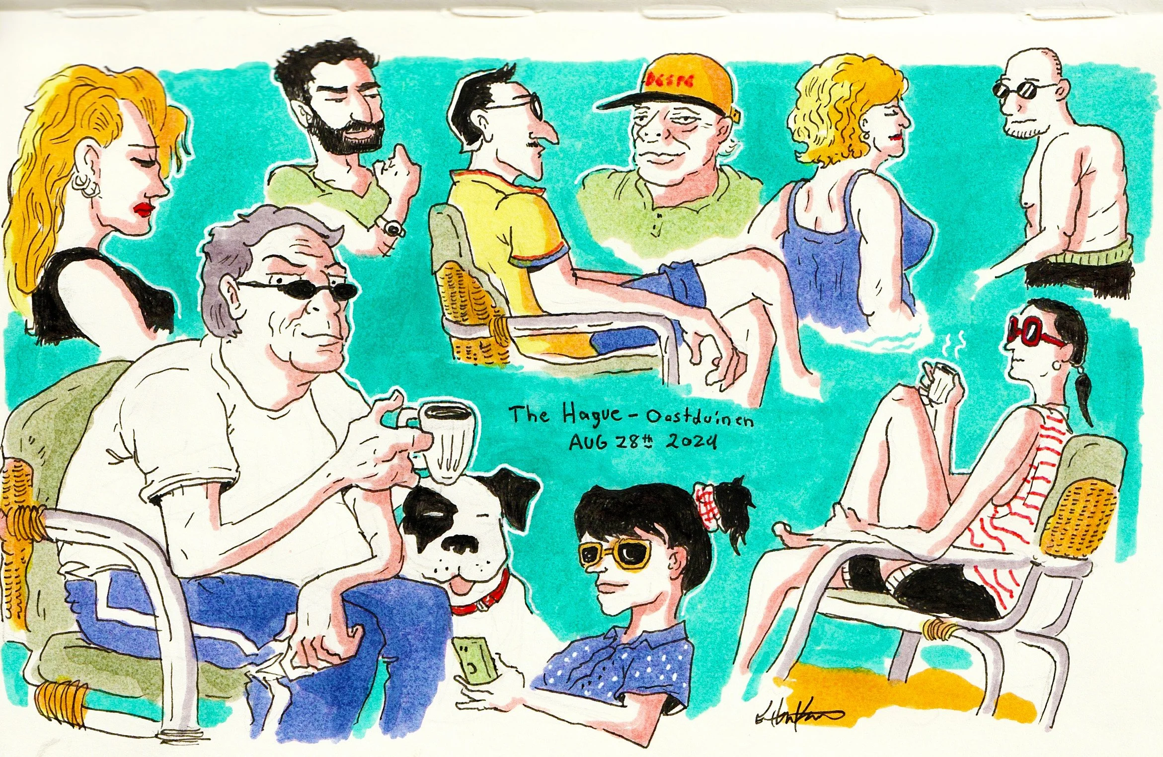 Colorful illustration of a group of people and a dog on a summer day, with the text 'The Hayne - Oostduinen, Aug 28th, 2021'.