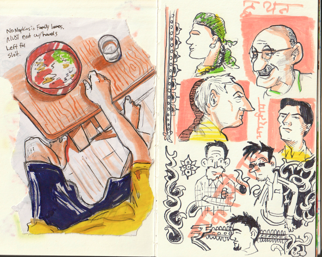 Sketch of a person sitting at a wooden table with a bowl of food and a glass of water, with handwritten notes about eating by hand, and a collection of ink and colored sketches of people with various facial expressions and hairstyles, including tradi
