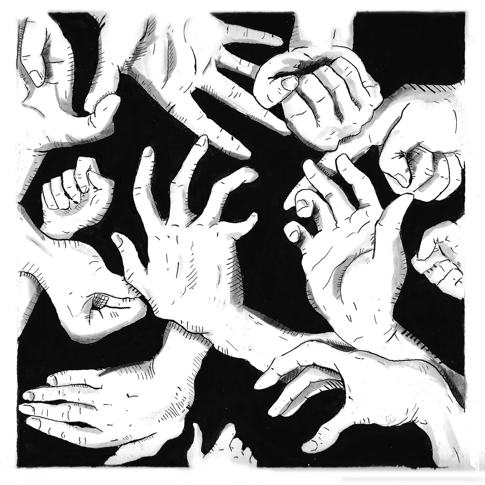 Black and white illustration of multiple human hands in various positions, overlapping and reaching in different directions, set against a dark background.