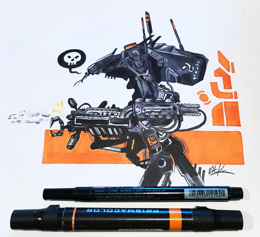 A detailed illustration of a futuristic robotic gun turret with a skull symbol and Japanese characters, two black markers placed below it, and an orange horizontal bar.