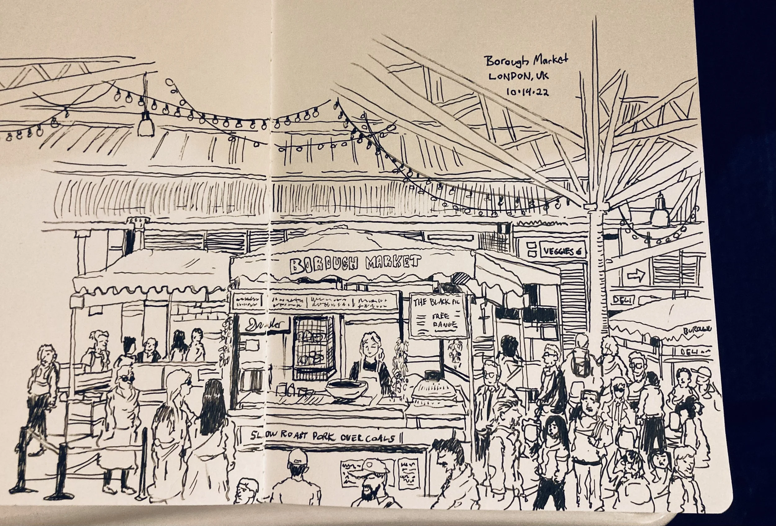 Line drawing of Borough Market in London, UK, with people and market stalls, string lights overhead, and signs indicating food and drink options, dated 10.14.22.