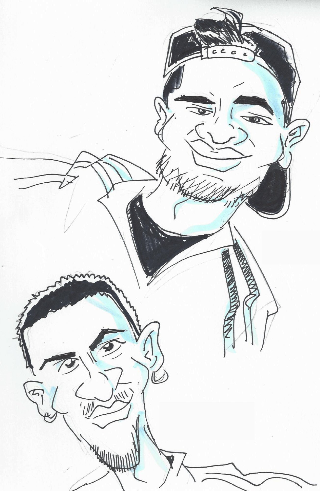Line drawing of two men with distinctive facial features and jewelry, one wearing a backward cap, both smiling.