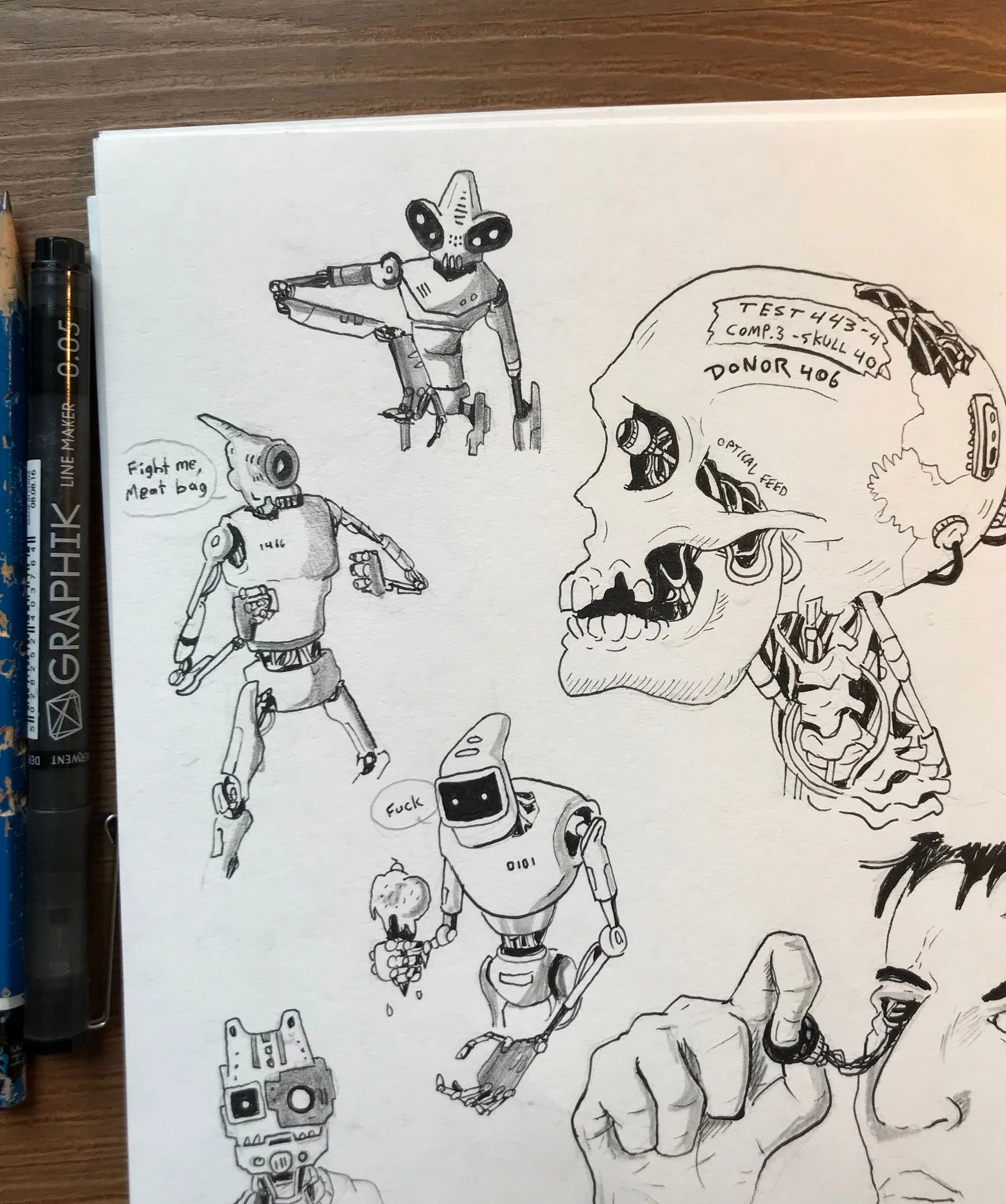 Collection of black and white drawings of robots, skeletons, and a person with earphones, including a robot with a speech bubble saying "Fight me, Meat bag," a human skull labeled with technical details, and a robot holding a small character with an 