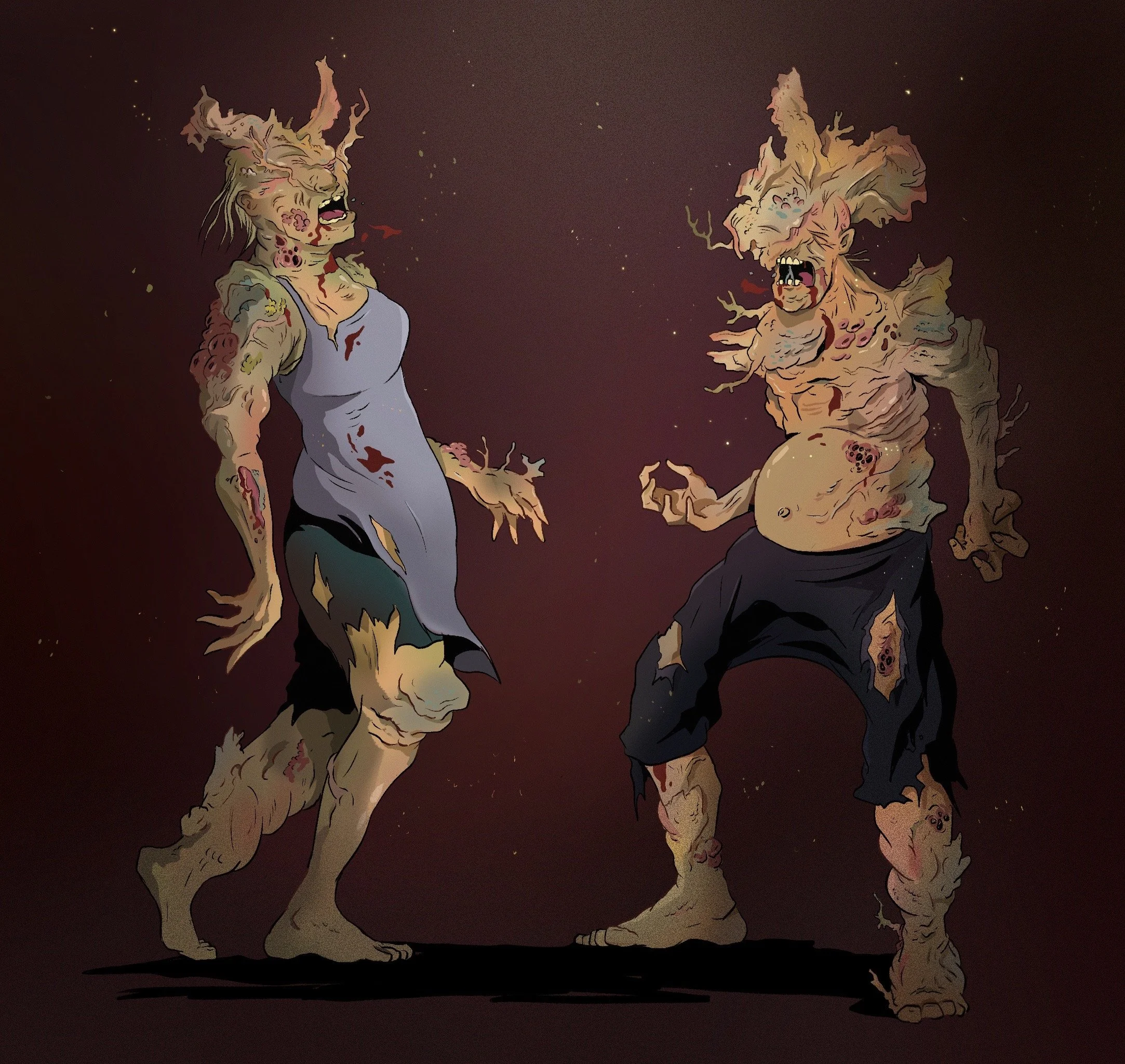Cartoon-style illustration of two zombie-like creatures with decayed skin, tattered clothing, and menacing expressions, standing against a dark, starry background.