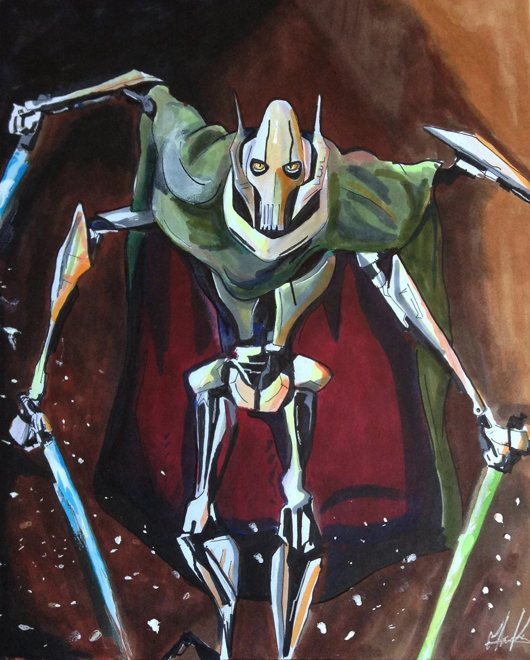 Painting of a robotic creature with a skeletal frame, wearing a mask resembling a dog skull, perched on a red and black throne, with swords in its hands, against a dark background.