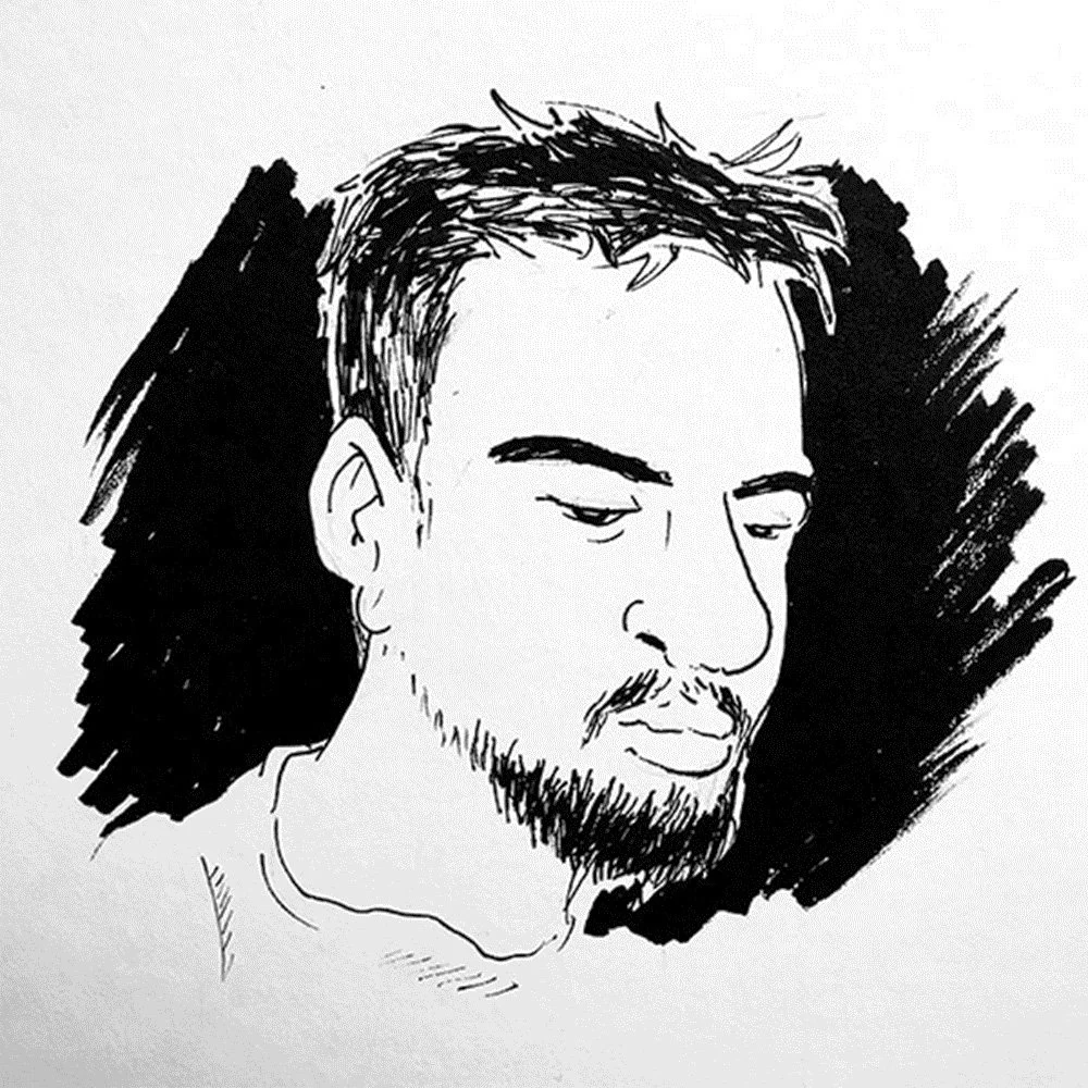 Black and white sketch of a man's face with closed eyes and a beard, with dark shading in the background.