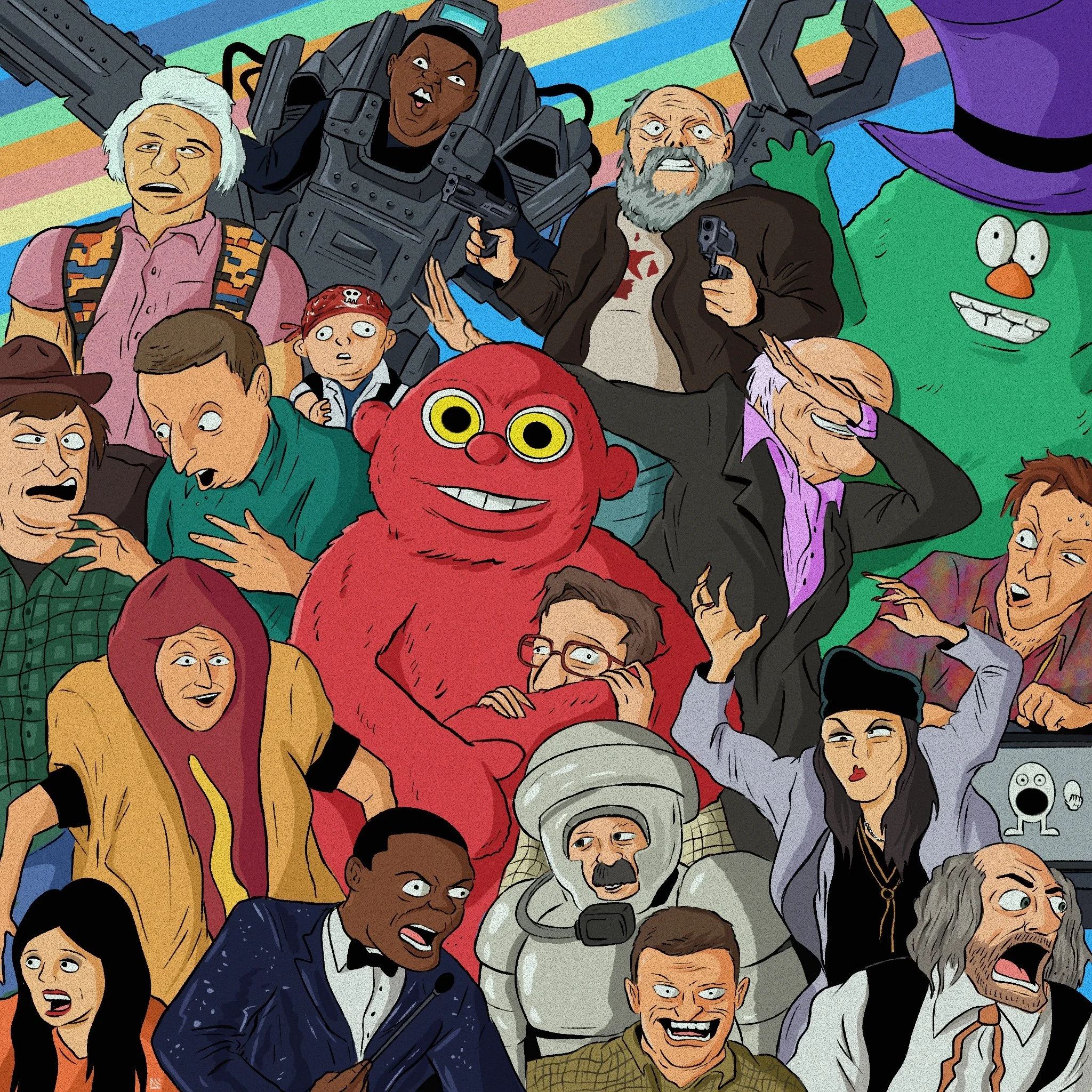 A colorful illustration featuring numerous iconic horror and sci-fi movie characters, including a large red monster, a green creature with a hat, a man with a gun, a man in space suit, a woman in a black outfit with a beret, and others, all depicted 