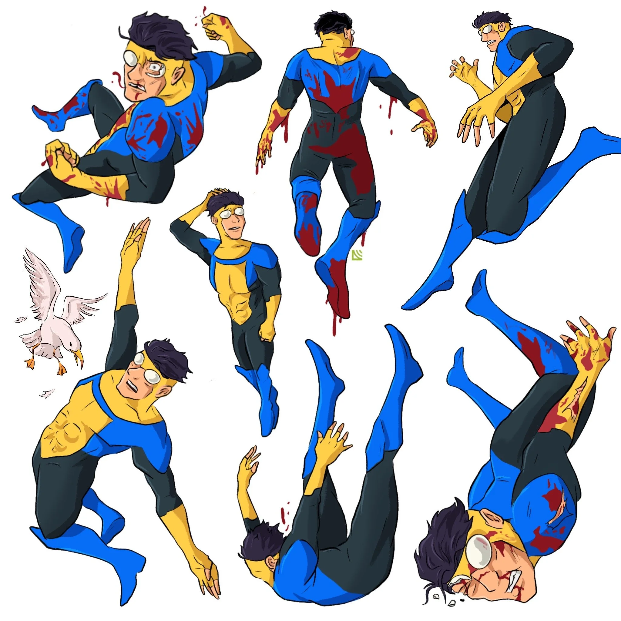 Comic-style illustration of a male superhero character in various action poses, wearing a blue and black costume with yellow accents, shown with blood and injuries, alongside a white bird.