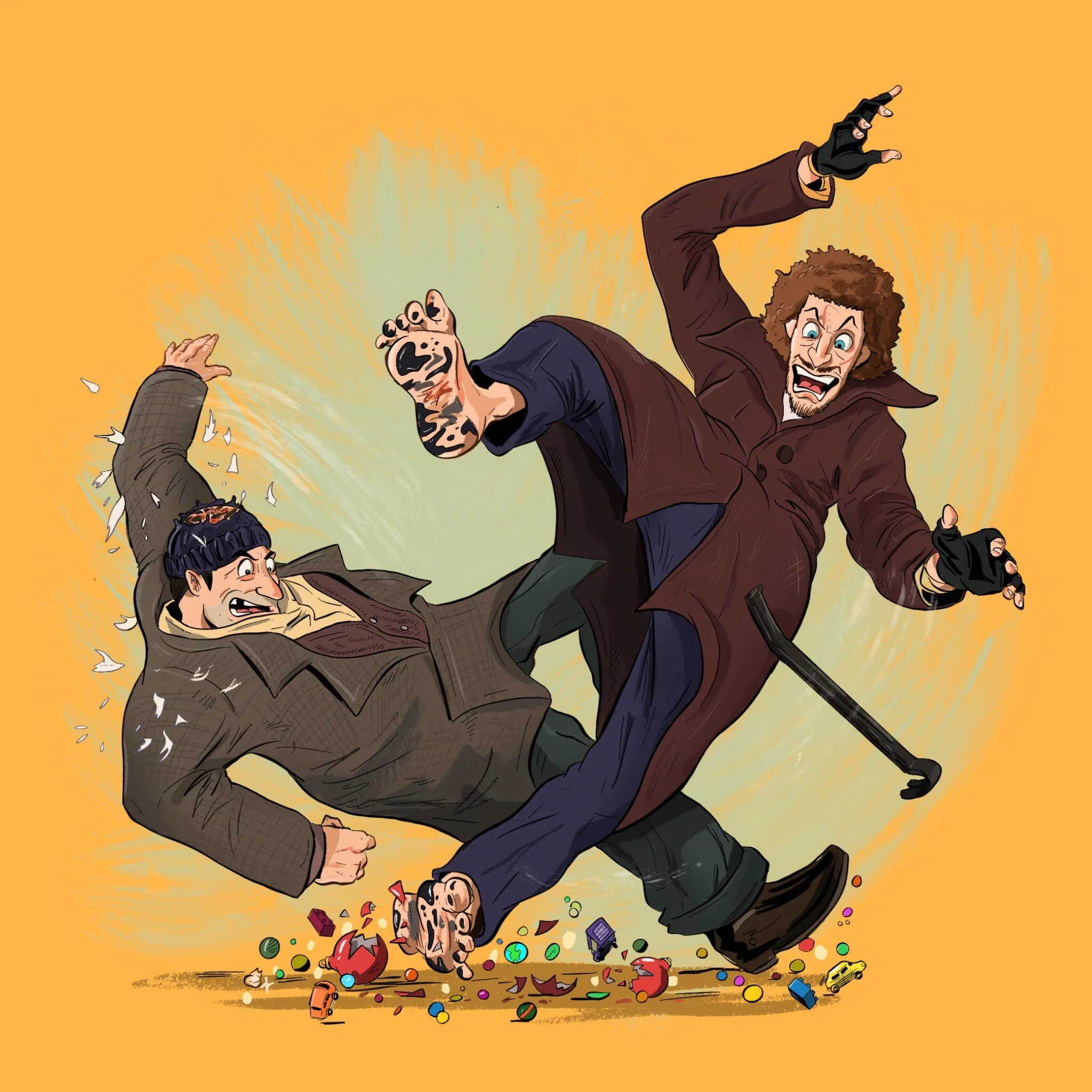 Two men fighting violently with debris and objects flying around them, on an orange background.