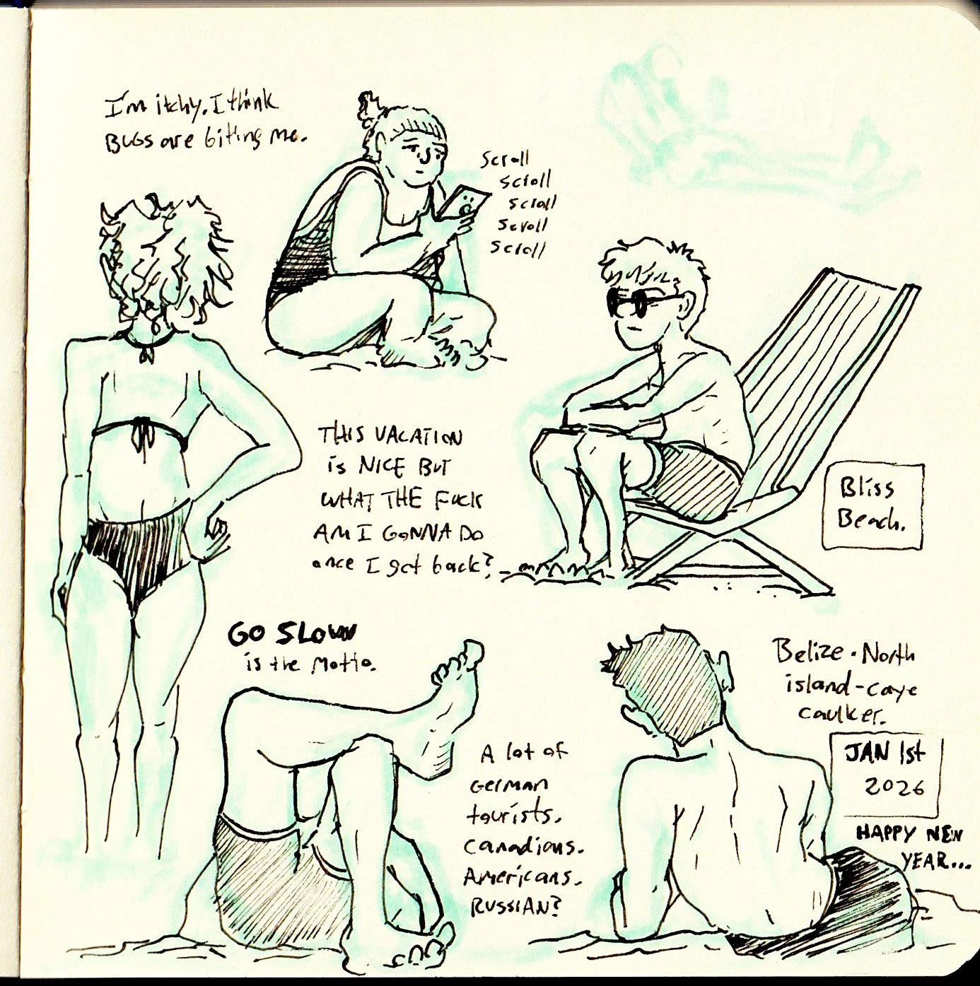 Sketch of four people on a beach. One woman in a bikini with her hand on her hip, a girl sitting on the sand using a phone, a man in sunglasses sitting in a lounge chair, and a man sitting with his back to the viewer. Various text bubbles mention sum
