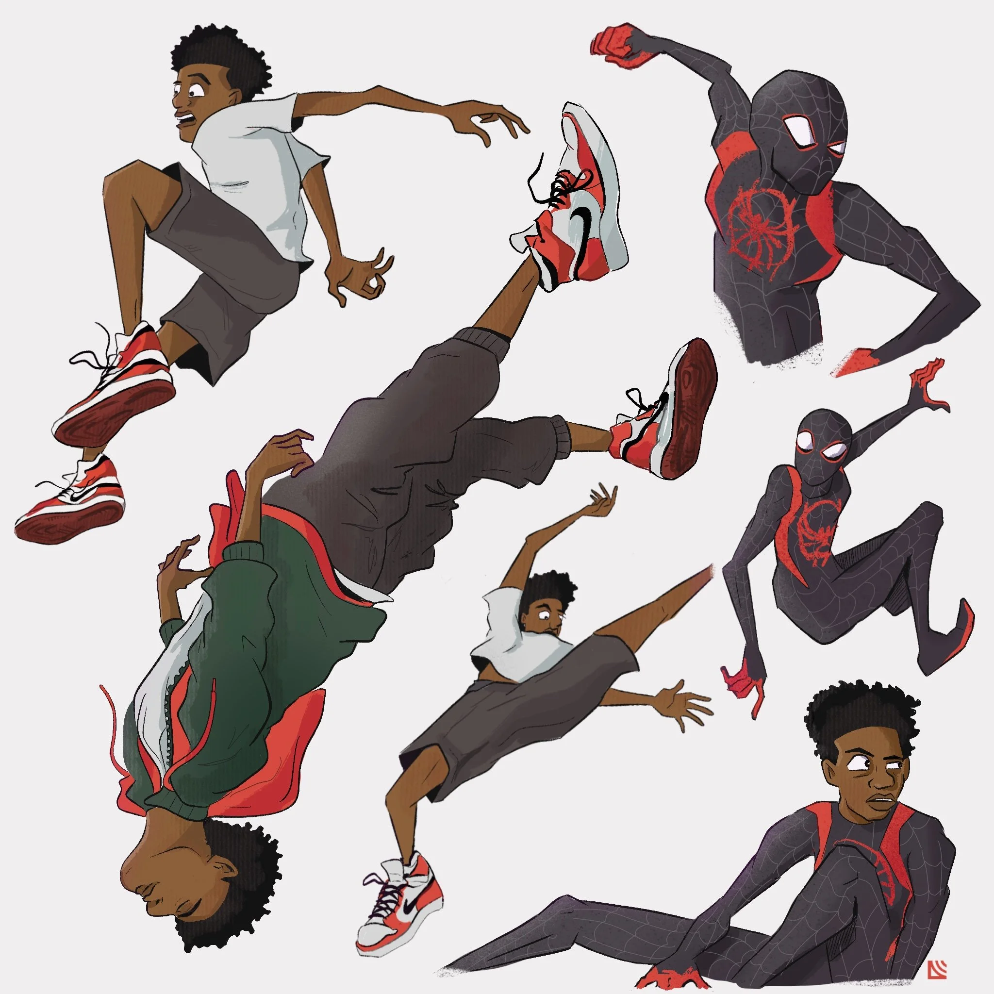 A digital illustration of Miles Morales, in different action poses, wearing his Spider-Man suit with red accents and web patterns, alongside a young man in casual clothing with sneakers and a jacket.