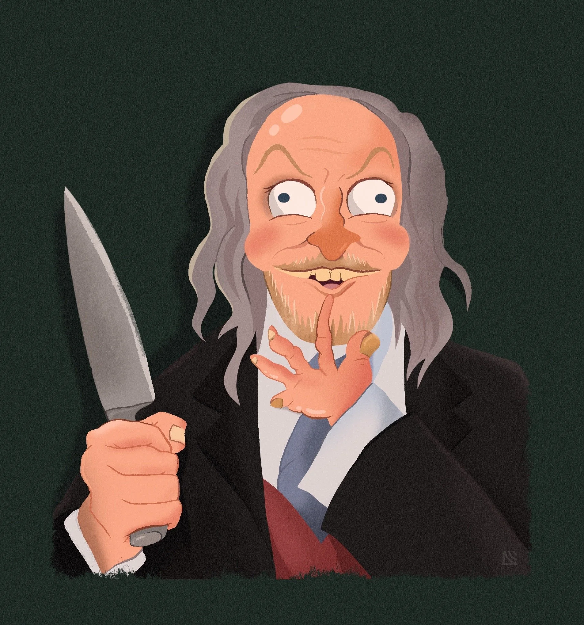 Cartoon of a man with long gray hair and beard, holding a large knife, making a shushing gesture with his finger, wearing a dark coat and white shirt.
