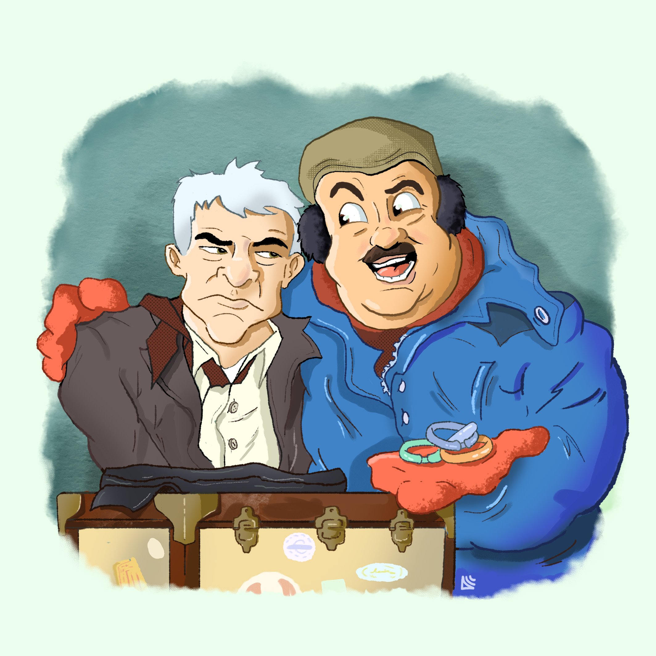 Two cartoon men standing behind a poker table. The man on the left has gray hair, a serious expression, and is wearing a dark jacket. The man on the right has a mustache, is smiling, and is wearing a blue jacket and a hat. The man on the right is hol