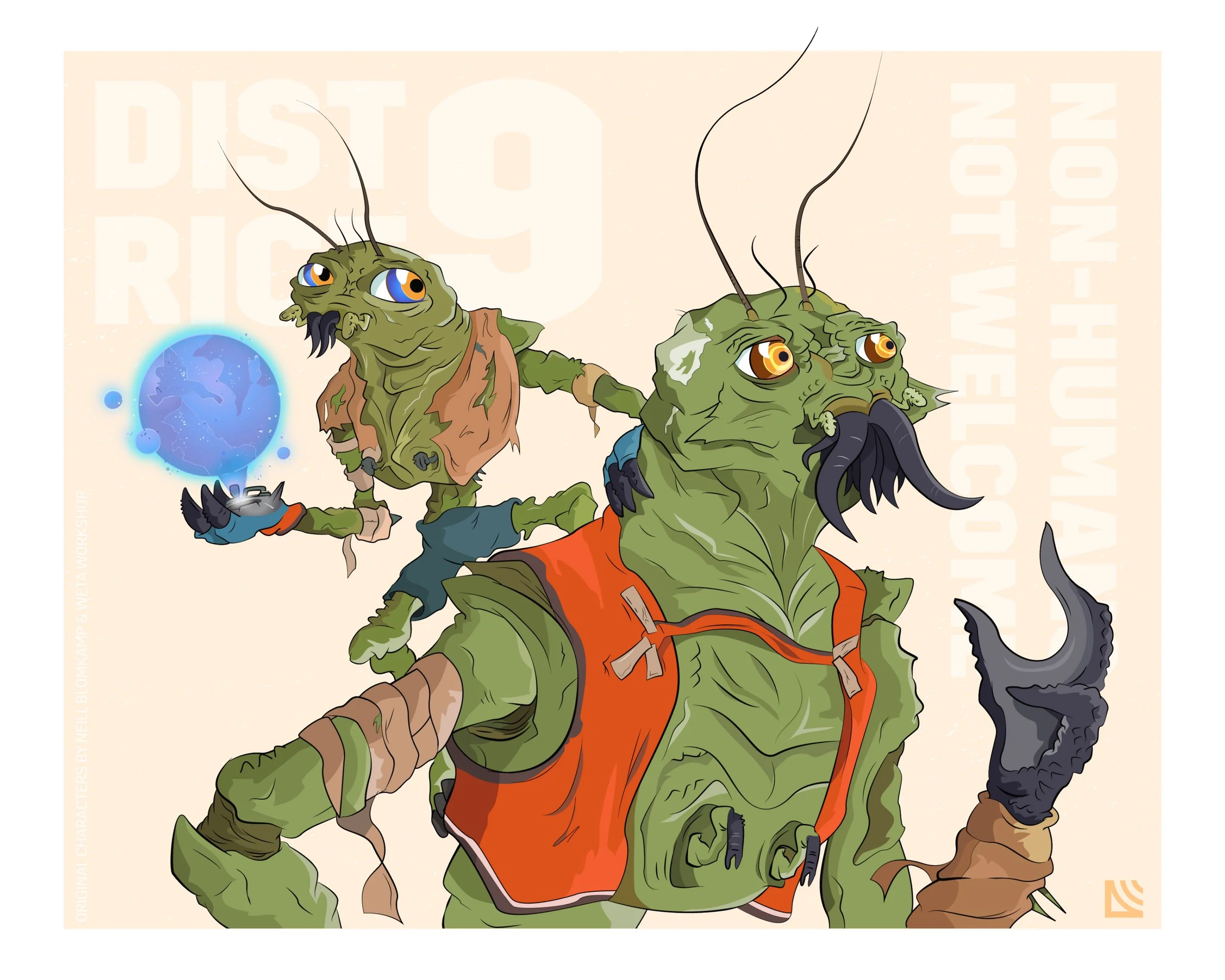 Digital illustration of two cartoon alien-like creatures with green, textured skin, multiple eyes, antennae, and tentacle-like facial hair. The larger creature in the foreground wears an orange vest with a zipper, while the smaller creature in the ba
