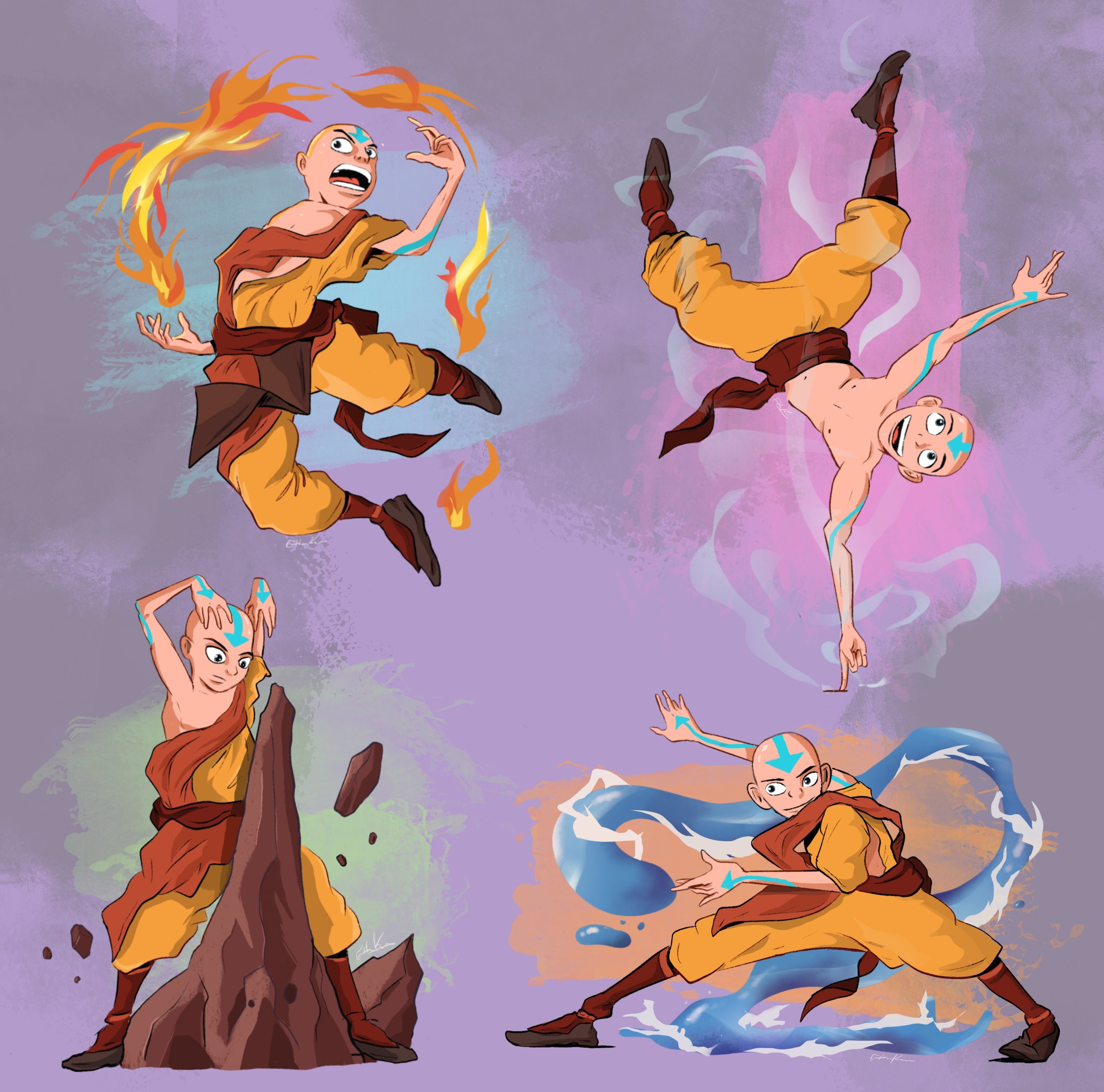 A digital illustration of Aang from Avatar: The Last Airbender in four different bending poses, including firebending, airbending, earthbending, and waterbending, against a purple background.