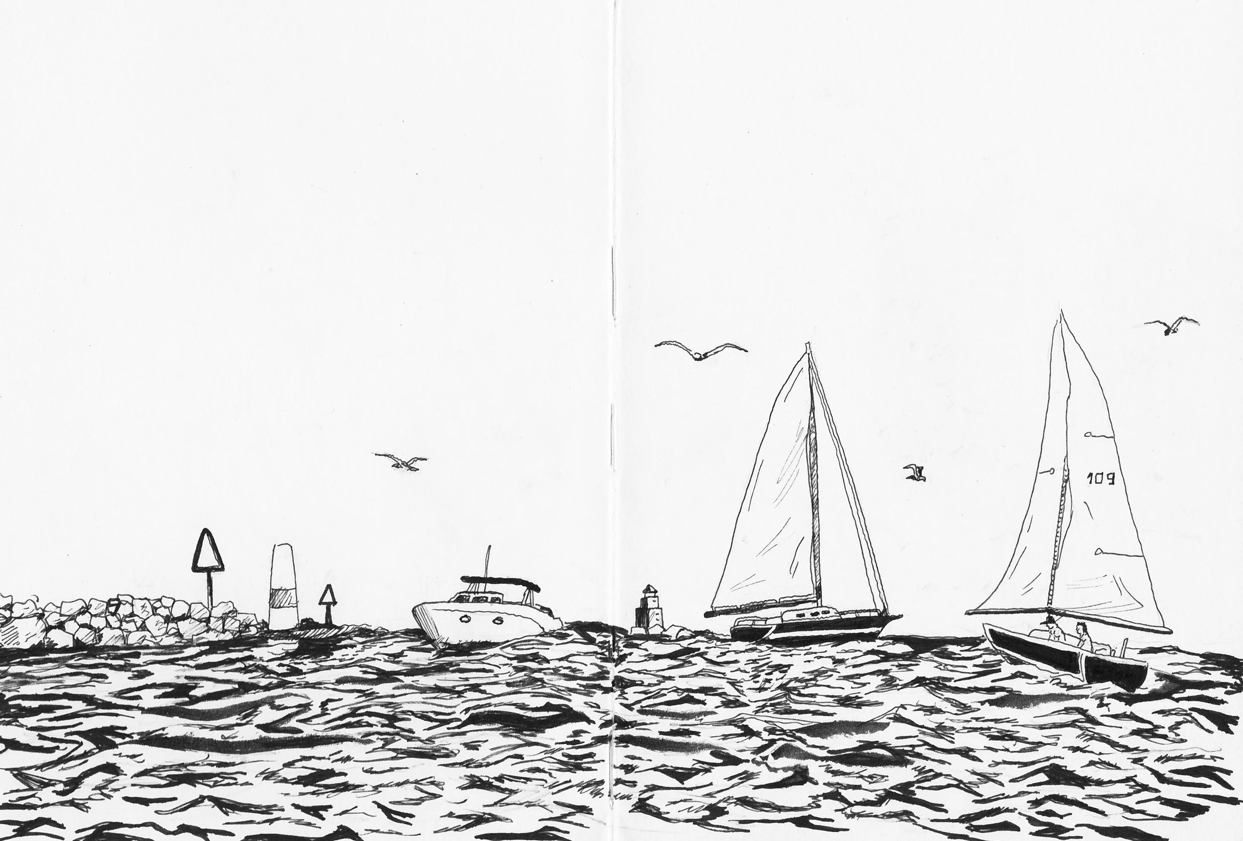 Black and white sketch of a seascape with sailboats, a boat, and seagulls over water near a rocky shoreline.